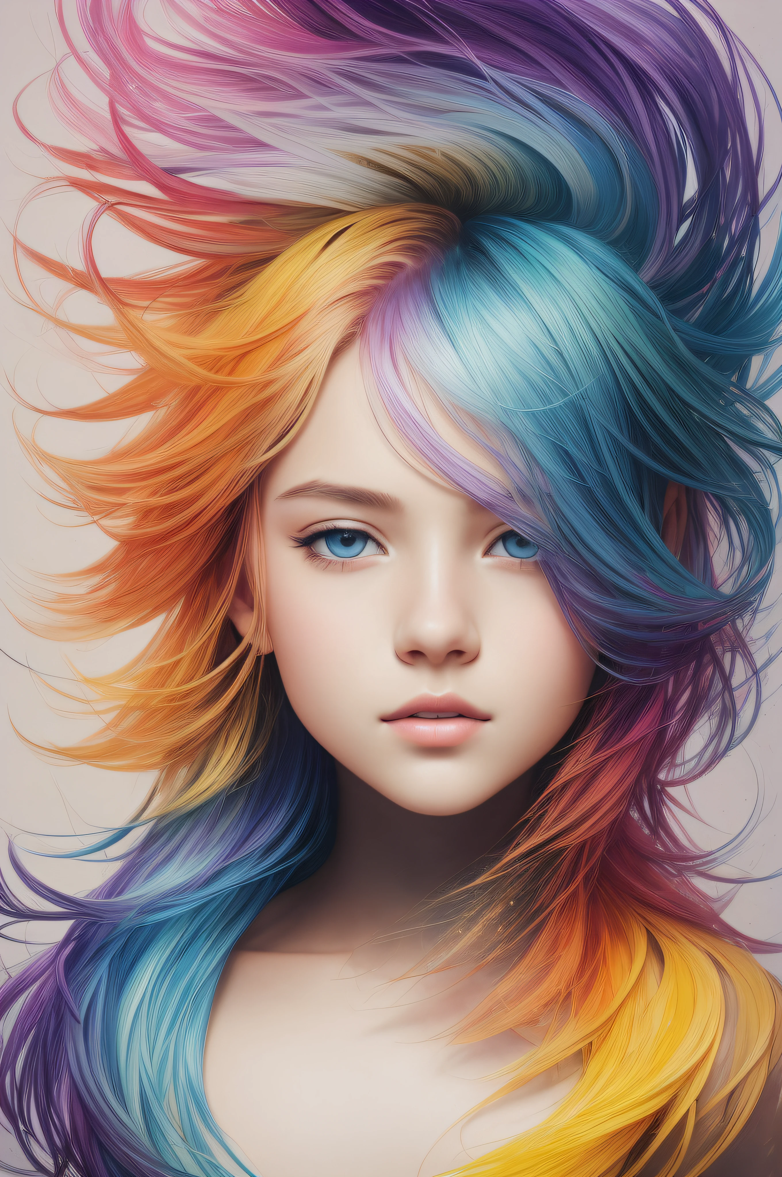 Colorful beautiful girl: a giru 8-years old, messy hair, oil painting, nice perfect face with soft skinice perfect face, blue yellow colors, light purple and violet additions, light red additions, intricate detail, splash screen, 8k resolution, masterpiece, cute face,artstation digital painting smooth veryBlack ink flow: 8k resolution photorealistic masterpiece: intricately detailed fluid gouache painting: by Jean Baptiste Mongue: calligraphy: acrylic: watercolor art, professional photography, natural lighting, volumetric lighting maximalist photoillustration: by marton bobzert:, complex, elegant, expansive, fantastical,  wavy hair, vibrant