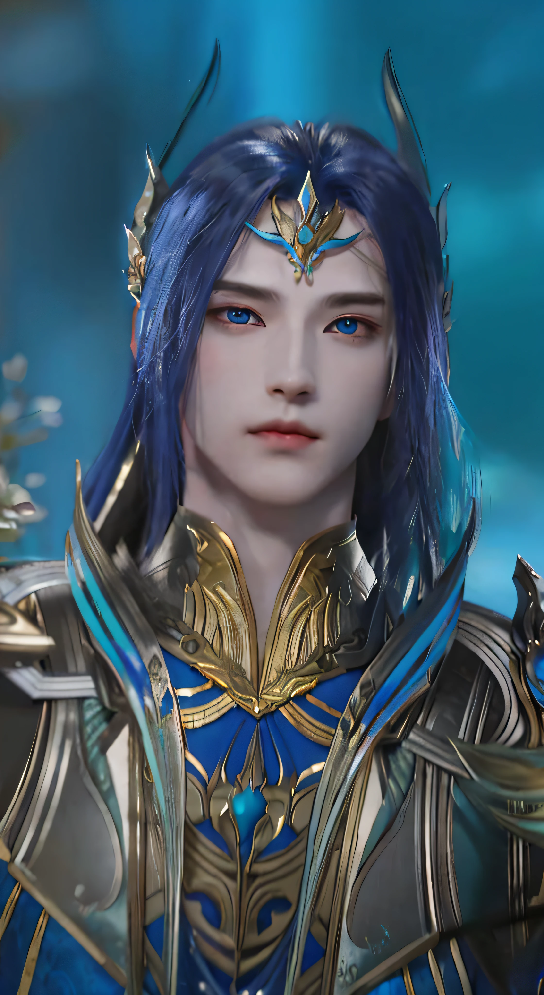 a close up of a person with blue hair and a blue dress, unreal engine render saint seiya, beautiful androgynous prince, zhao yun, lineage 2 revolution style, delicate androgynous prince, beautiful male elf, xianxia hero, elven male, armor focus on face, heise jinyao, portrait of dragoon