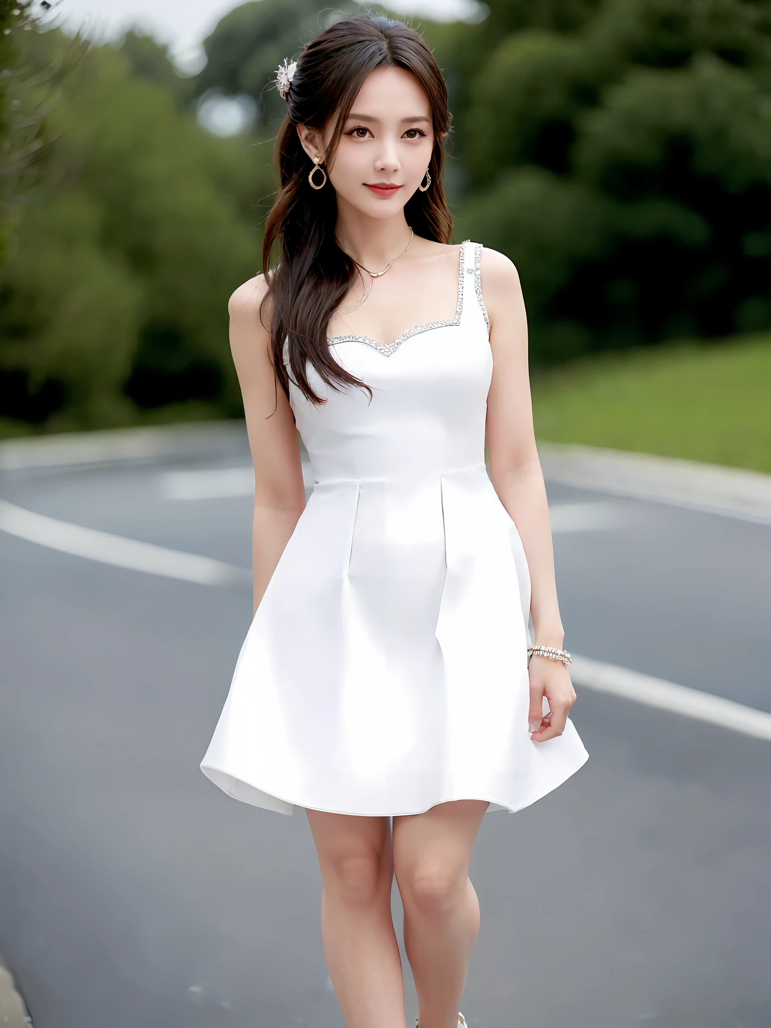 jewelry, solo, earrings, necklace, brunette hair, smile, single bun, (formal:1.6), reality, bun, bracelet, grin, ulzzang-6500v1.1, (original: 1.2), (reality: 1.3) , beautiful girl with beautiful details, extremely detailed eyes and face, eyes with beautiful details, ridiculous, incredibly ridiculous, huge file size, ultra detail, high resolution, super detailed, best quality, masterpiece, Illustrations, super detailed and beautiful, super detailed, CG, unity, 8k wallpaper, amazing, fine details, masterpiece, top quality, extremely detailed CG Unity 8k wallpaper, cinematic lights, (perfect shiny skin:0.6), slender and smooth lines, (floating), (small breasts: 1), earrings, ((full body photo)), (with opposite sides, white wings)))), (in dress)))), (beautiful clouds)))