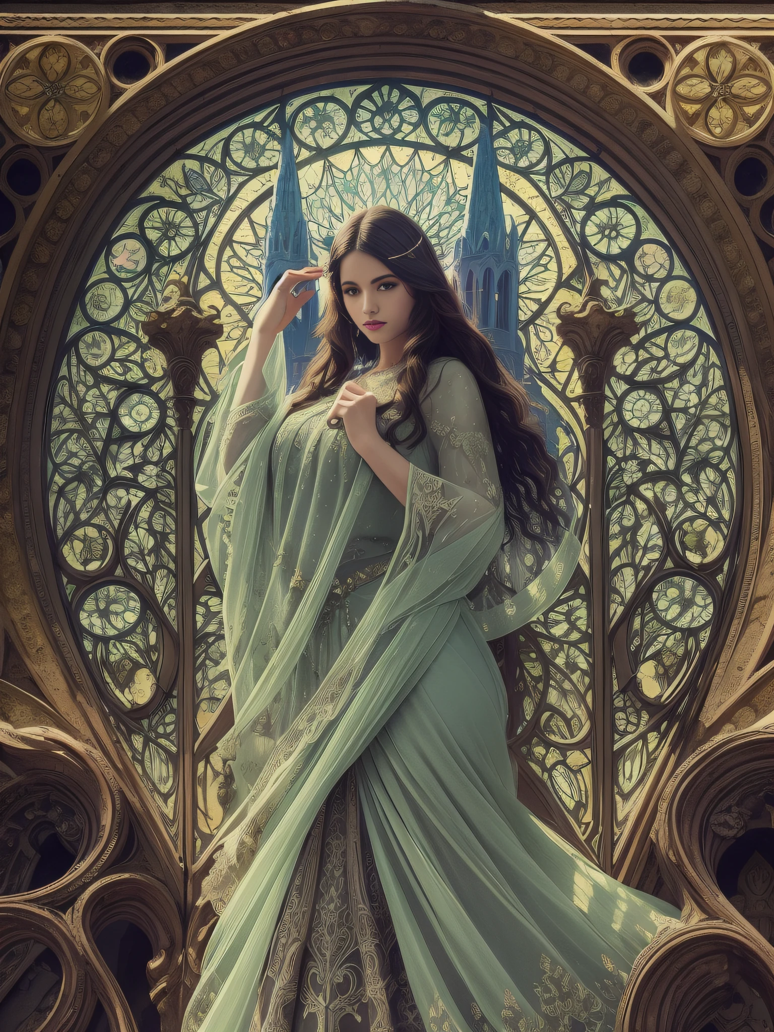 Art Nouveau Style,Background A rustled, dilapidated stone cathedral and a demon illuminated by the light shining through its windows. The devil is a woman with a beautiful face and bright eyes. Wearing dresses with intricate and delicate ornaments. A stone cathedral bathed in moonlight. Detailed drawing. Bright colors. High image quality.