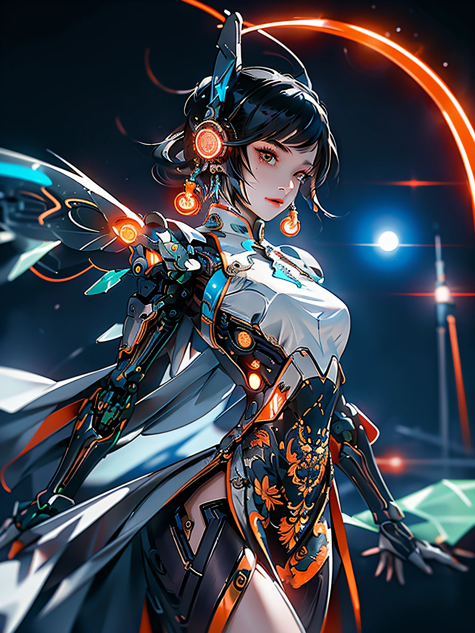 1 girl, Chinese_clothes, metallic black titanium and orange, cyberhan, cheongsam, cyberpunk city, dynamic pose, detailed luminous headphones, glowing hair accessories, long hair, luminous earrings, glowing necklace, cyberpunk, high-tech city, full of mechanical and futuristic elements, futurism, technology, glowing neon, orange, orange light, fluorescent orange, skirt, cape, coat, laser, digital background, urban sky, big moon, with vehicle, best quality, masterpiece, 8K, Character edge light, super high detail, high quality, the most beautiful woman in human beings, slight smile, face facing front left and right symmetry, ear decoration, beautiful pupils, light effects, visual data, pick and dye orange, dye hair, super detail facial texture, happy proud, weapon system, mecha style, crowded street passers-by, mechanical wings, super light and shadow, various poses
