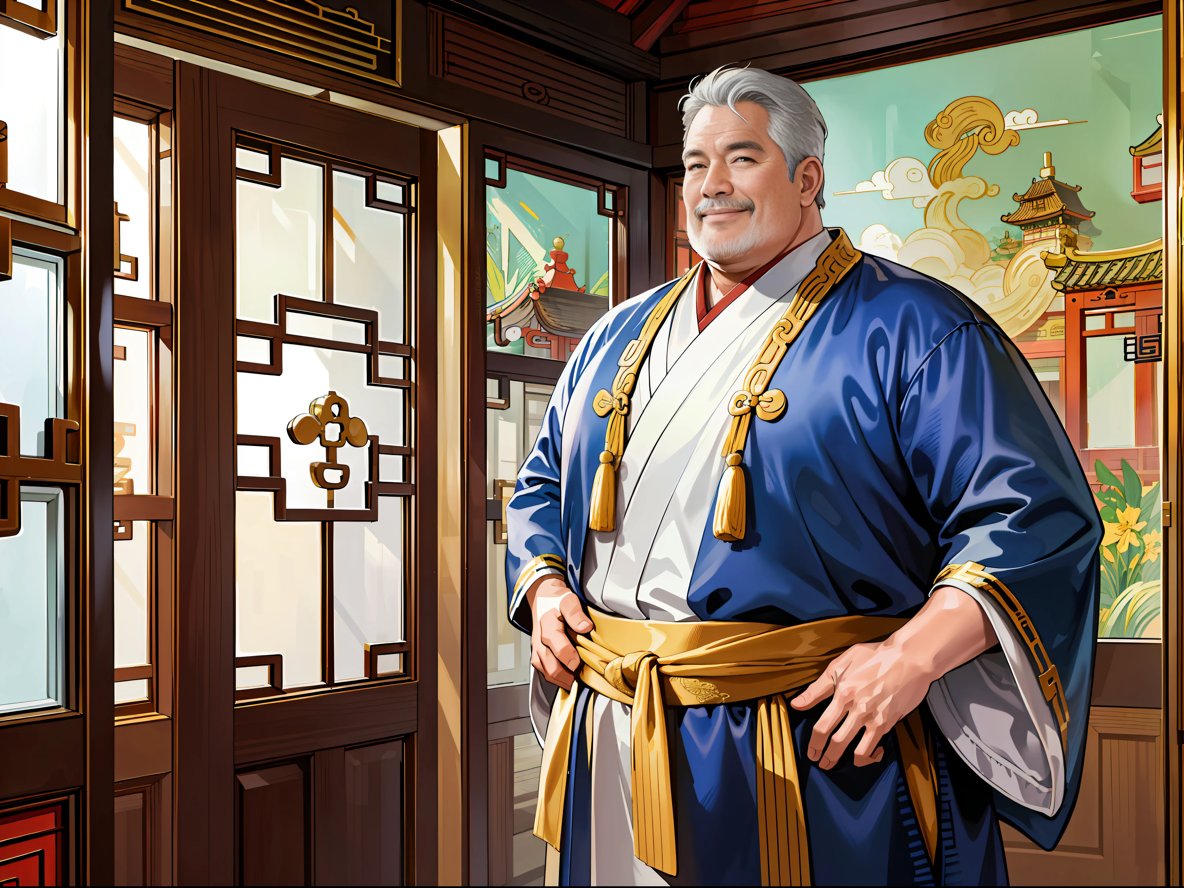(ridiculous, high resolution, super detailed, realistic,), 1 middle-aged fat man, standing outside the door, 50 years old, nodding happily, hands on his back, head down, happy, happy, Qing dynasty style, gold theme robe, greasy, rich, rich man, room, ancient Chinese style, HD photo.