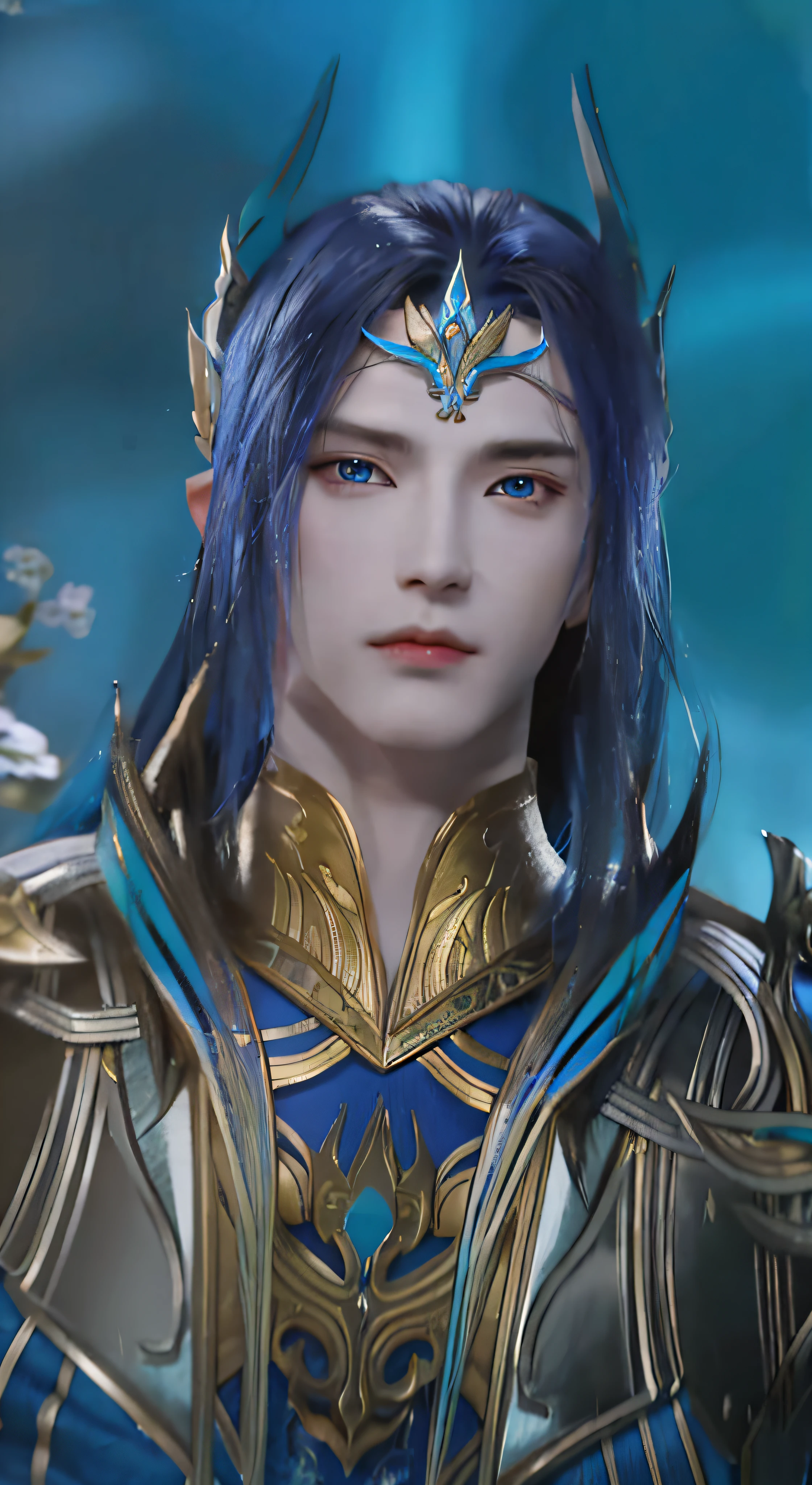 a close up of a person with blue hair and a blue dress, unreal engine render saint seiya, beautiful androgynous prince, zhao yun, lineage 2 revolution style, delicate androgynous prince, beautiful male elf, xianxia hero, elven male, armor focus on face, heise jinyao, portrait of dragoon