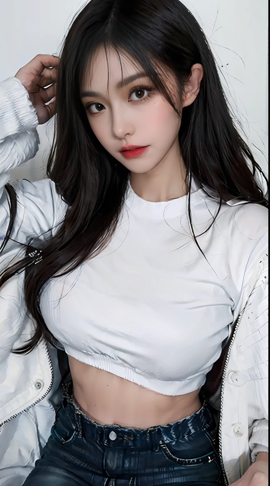 Girl posing for photo in white bra and tight denim, upper body, with cropped t-shirt, bra and streetwear, slim figure, oversized bust, slim girl model, 24 year old female model