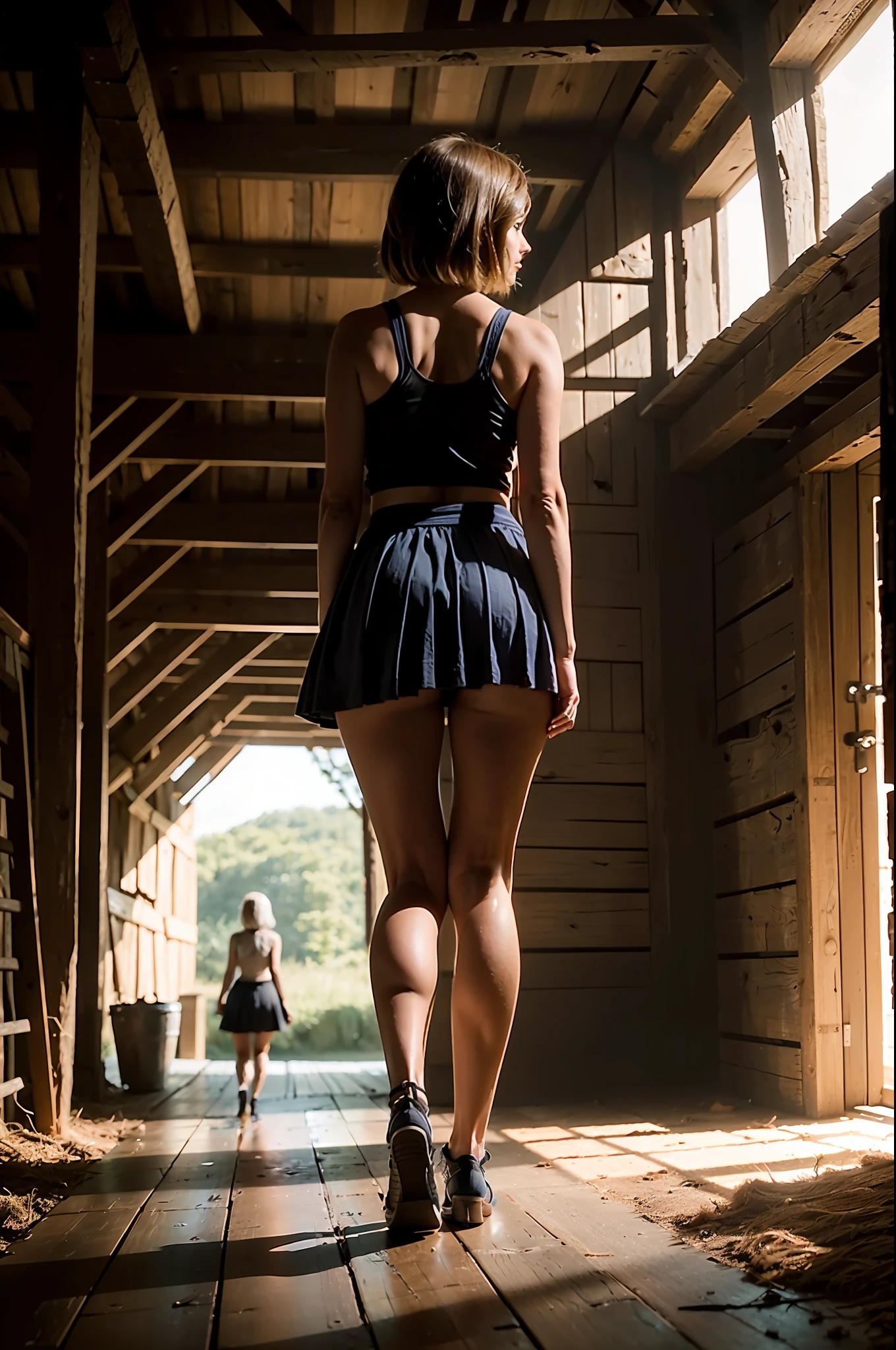 ((Jenna Coleman)), (very slender tall figure), standing in a dark barn, (small head), ((short skirt)), (tank top), cinematic lighting, 8K resolution, (perspective from the back down), ((focus on the little butt)), ((small round butt)), ((Crisp butt)), (whole body), white panty under the skirt