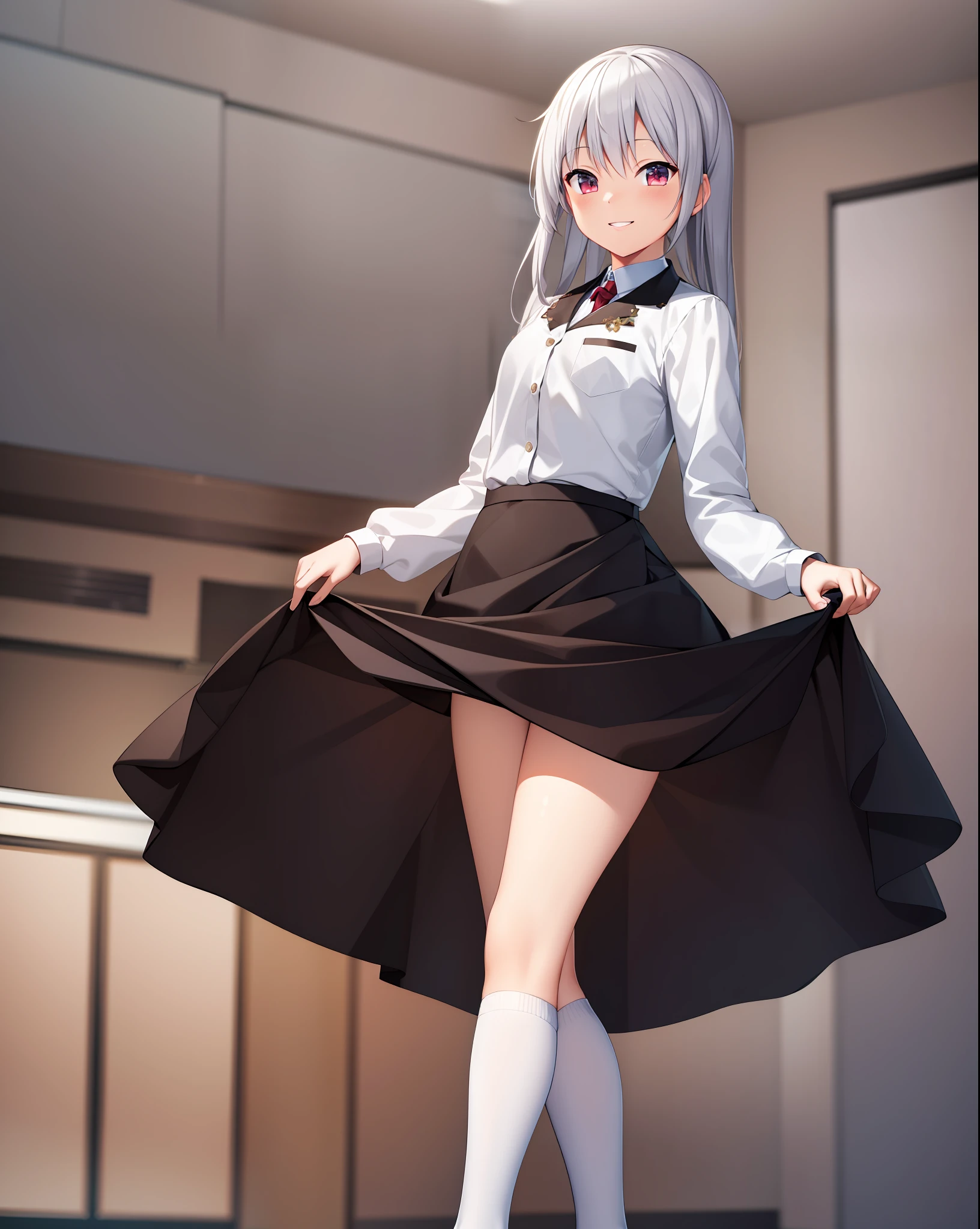 ((masterpiece)), ((best quality)), ((HD), (super detailed CG unity 4k wallpaper)), single, rising, black skirt, white socks, smile, classroom.