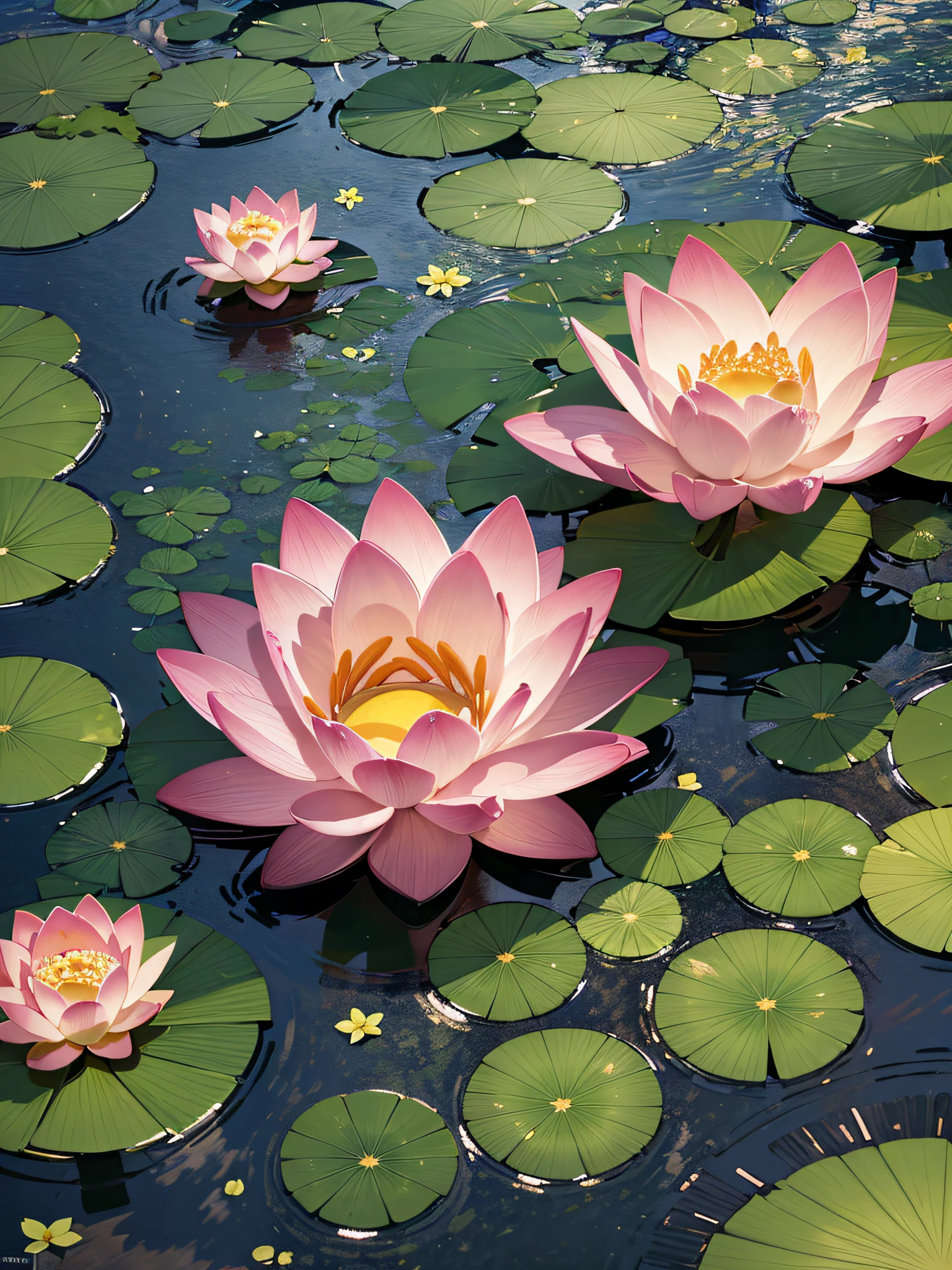 top view lotus flowers on the water surface, highly detailed render, concept art, octane render, depth of field, bokeh, sunny mystical atmosphere Elemental flowers, 32k, cinema