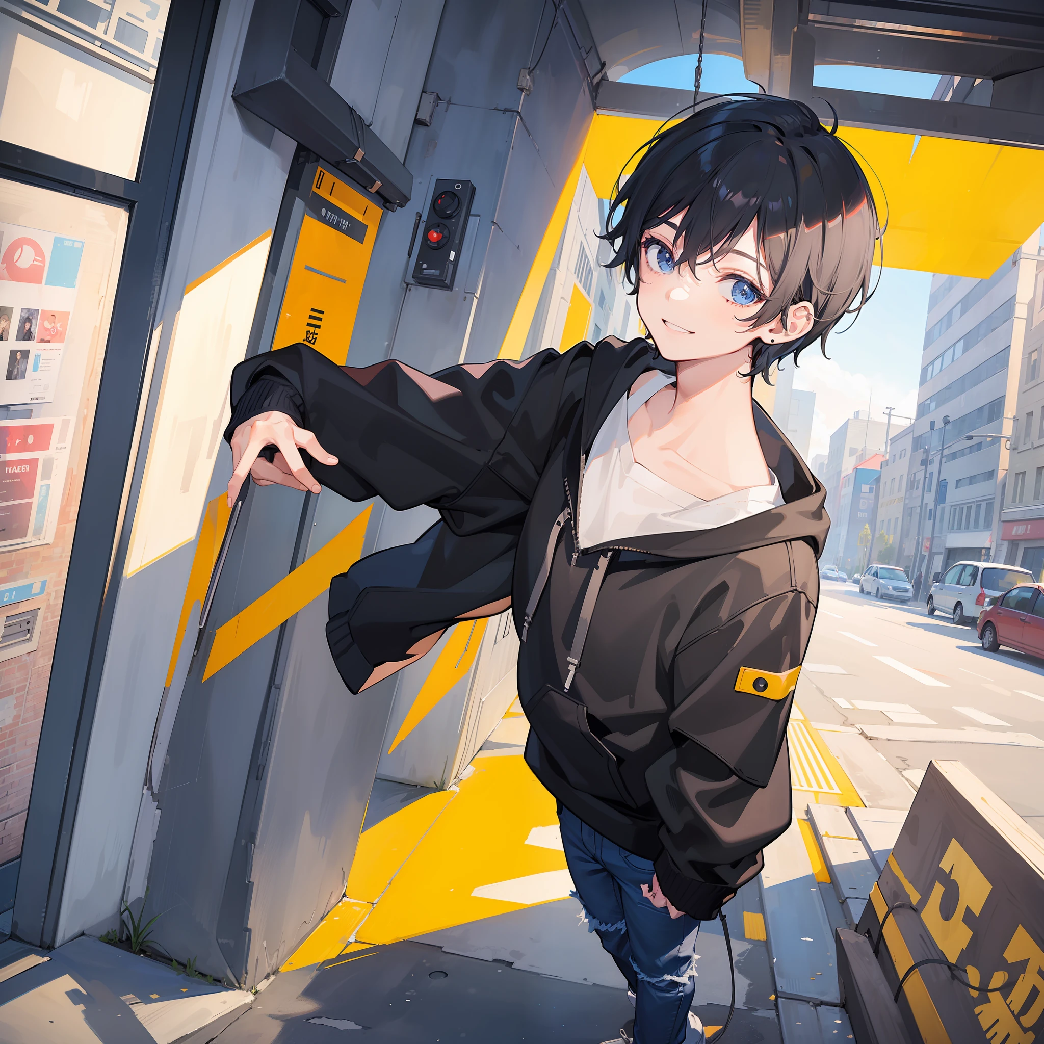 ((Masterpiece, Best Quality)), 1 boy, black hair, blue mesh, short cut, smile, city, standing, alley, solo, hoodie with blue accents on a black base, long jeans pants, low angle