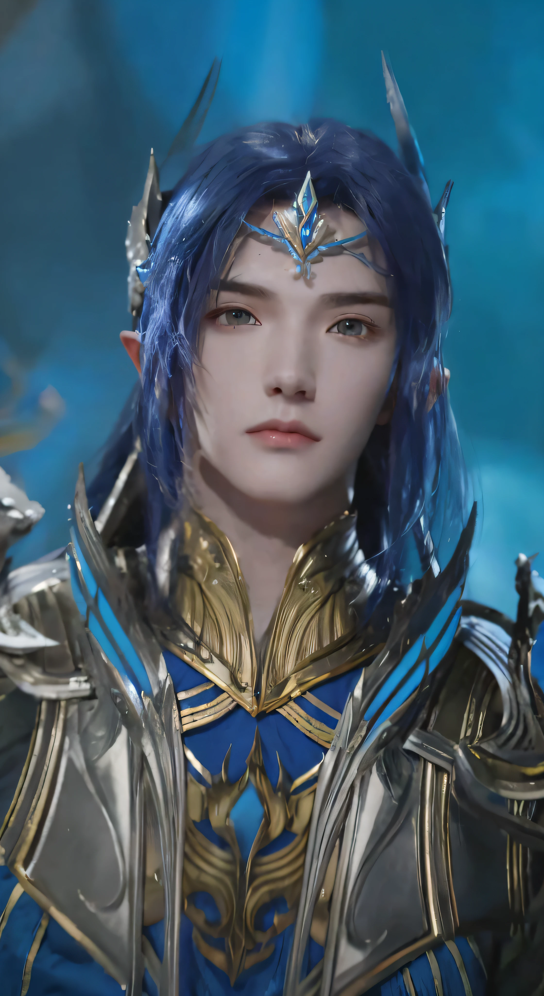 Blue-haired and blue-dressed character close-up, Unreal Engine renders Saint Seiya, Beautiful Androgynous Prince, Zhao Yun, Bloodline 2 Revolutionary Style, Exquisite Hermaphroditic Prince, Beautiful Male Elf, Fairy Hero, Elf Man, Armor Focus Face, Hirase Jinyao, Dragoon Portrait, ((Perfect Face)), ((Delicate Facial Features)), ((Close-up of Face, Meticulously Depicted))