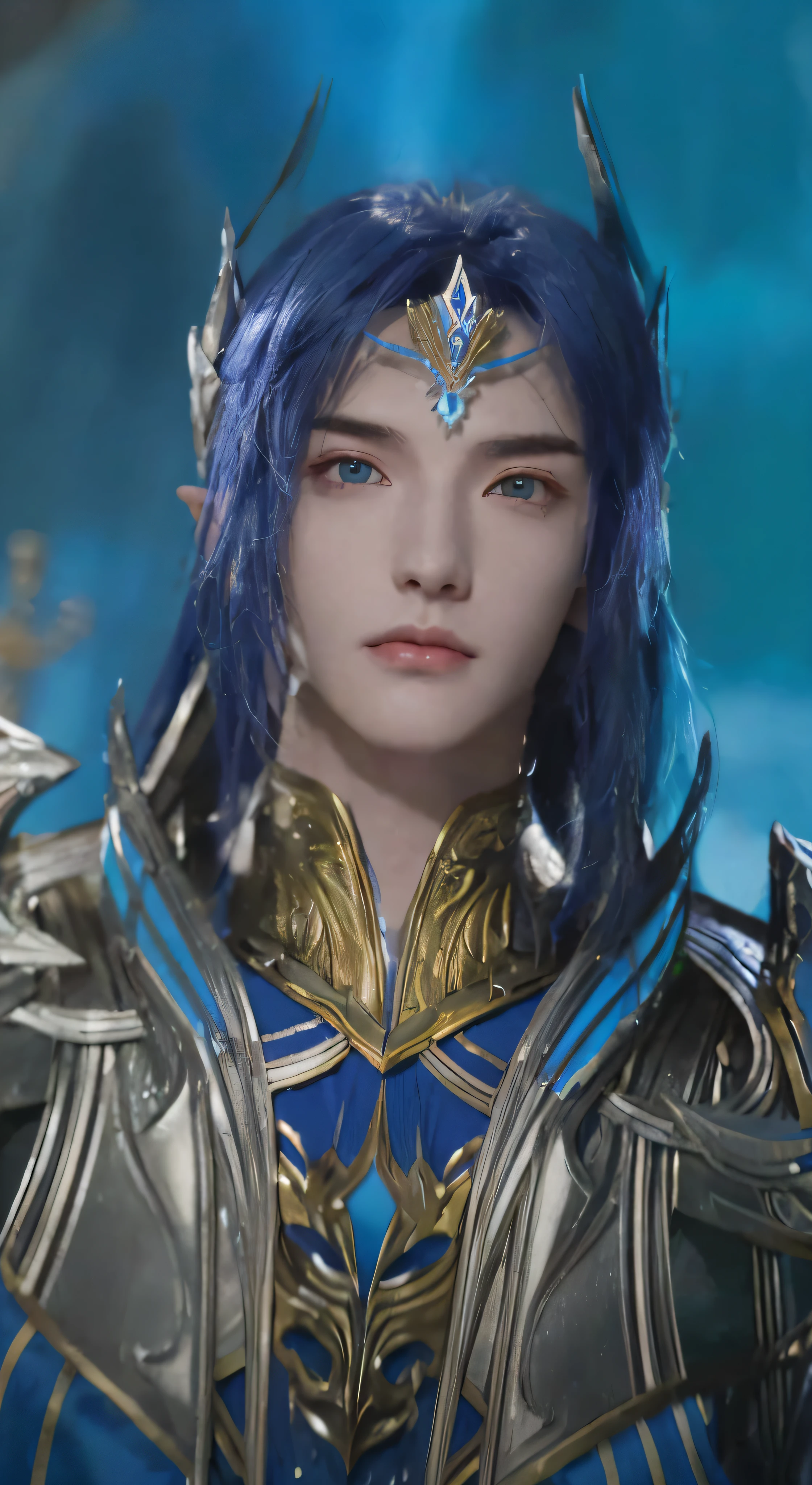 Blue-haired and blue-dressed character close-up, Unreal Engine renders Saint Seiya, Beautiful Androgynous Prince, Zhao Yun, Bloodline 2 Revolutionary Style, Exquisite Hermaphroditic Prince, Beautiful Male Elf, Fairy Hero, Elf Man, Armor Focus Face, Hirase Jinyao, Dragoon Portrait, ((Perfect Face)), ((Delicate Facial Features)), ((Close-up of Face, Meticulously Depicted))