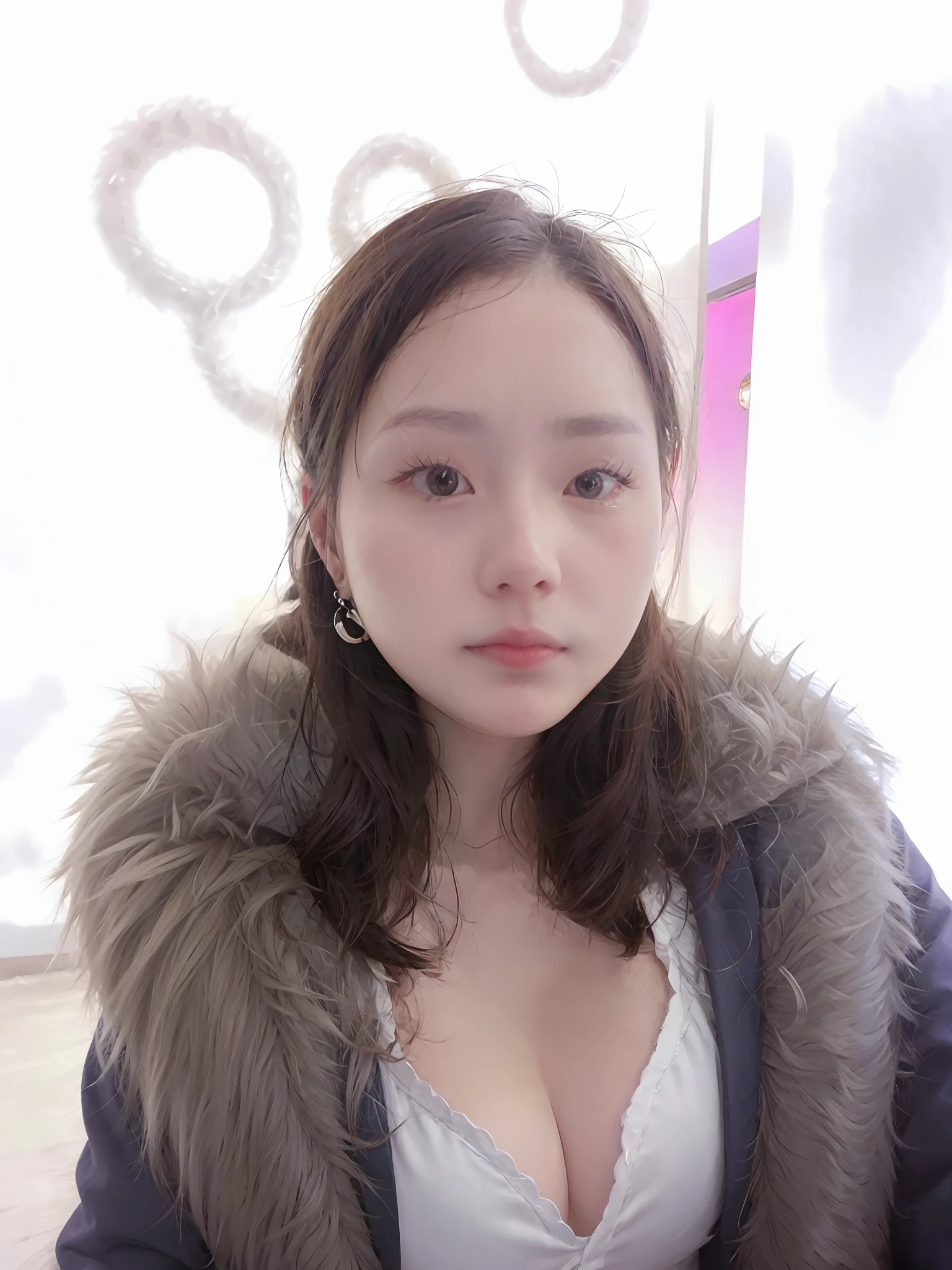 There is a woman posing for photo in a fur coat, beautiful korean woman, gorgeous korean young woman, korean woman, 8k selfie photo, beautiful korean young woman, korean girl, elegant, cute woman digital art, gorgeous chinese model, big breasts, plump, busty breasts, big breasts beauty, big breasts