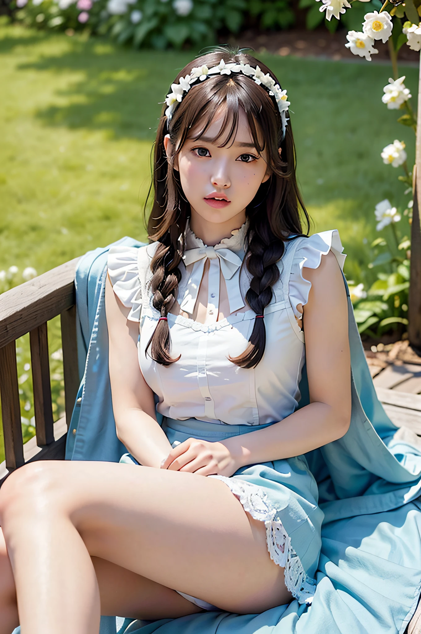 ((Light garden porch background)), (lo-fi), (soft focus), high quality, masterpiece, high definition, high definition, high resolution, 4K, ultra high definition, ultra high definition, ultra realistic shadows, ultra realistic, dramatic lighting, one girl, solo, detailed face, realistic eyes, realistic skin, dynamic hair, dynamic pose, dynamic angle, white flower dress, white background, ulzzang-6500-v1.1, (raw photo: 1.2), (photorealistic: 1.4), beautiful detailed girl, highly detailed eyes and face, beautiful detailed eyes, ridiculous, incredibly ridiculous, huge file size, super detail, high resolution, very detail, highest quality, (bright indoors), (soft light), (low contrast), (shallow depth of field), ( Portrait of a beautiful woman illuminated by gentle light), (very delicate and elegant depiction), (short length bangs), (hair color is dark chestnut with a slight brown tone), (hair with subtle gentle waves), (small braid intricately woven on the sides of long hair), (decorated with thin ribbons), (white blouse with small ruffles), (bow tie), (blue long skirt), ( White short ankle socks), illustration, very detailed, CG, unification, 8k wallpaper, amazing, fine detail, best quality, highly detailed CG unified 8k wallpaper, face light, movie lighting, 1 girl, , (((without panties)), (dynamic pose))), (camel toe), (half), (bent knees and legs sitting))