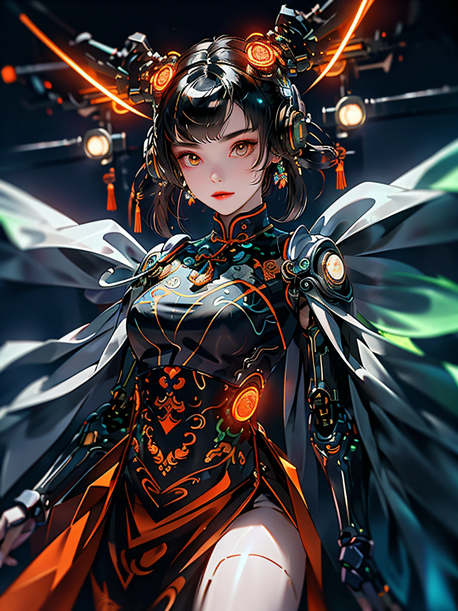 1 girl, Chinese_clothes, metallic black titanium and orange, cyberhan, cheongsam, cyberpunk city, dynamic pose, detailed luminous headphones, glowing hair accessories, long hair, luminous earrings, glowing necklace, cyberpunk, high-tech city, full of mechanical and futuristic elements, futurism, technology, glowing neon, orange, orange light, fluorescent orange, skirt, cape, coat, laser, digital background, urban sky, big moon, with vehicle, best quality, masterpiece, 8K, Character edge light, super high detail, high quality, the most beautiful woman in human beings, slight smile, face facing front and left and right symmetry, ear decoration, beautiful pupils, light effects, visual data, pick and dye orange, dye hair, super detail facial texture, happy and proud, weapon system, mecha style, crowded street passers-by, mechanical wings, super light and shadow