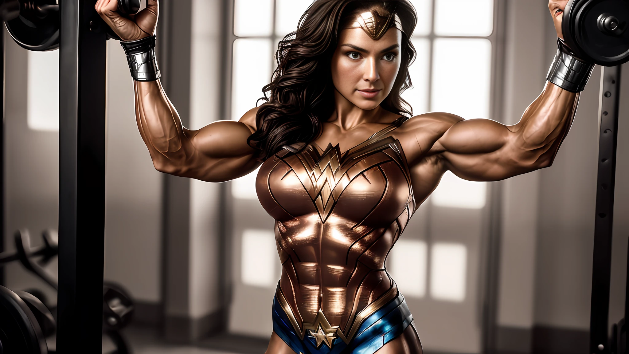 Wonder Woman bodybuilder, muscular, super strong,((upper body selfie, happy)), masterpiece, best quality, ultra-detailed, solo, gym, analog style (look at viewer:1.2) (skin texture) (film grain:1.3), (warm hue, warm tone) :1.2), close up, cinematic light, sidelighting, ultra high res, best shadow, RAW, upper body