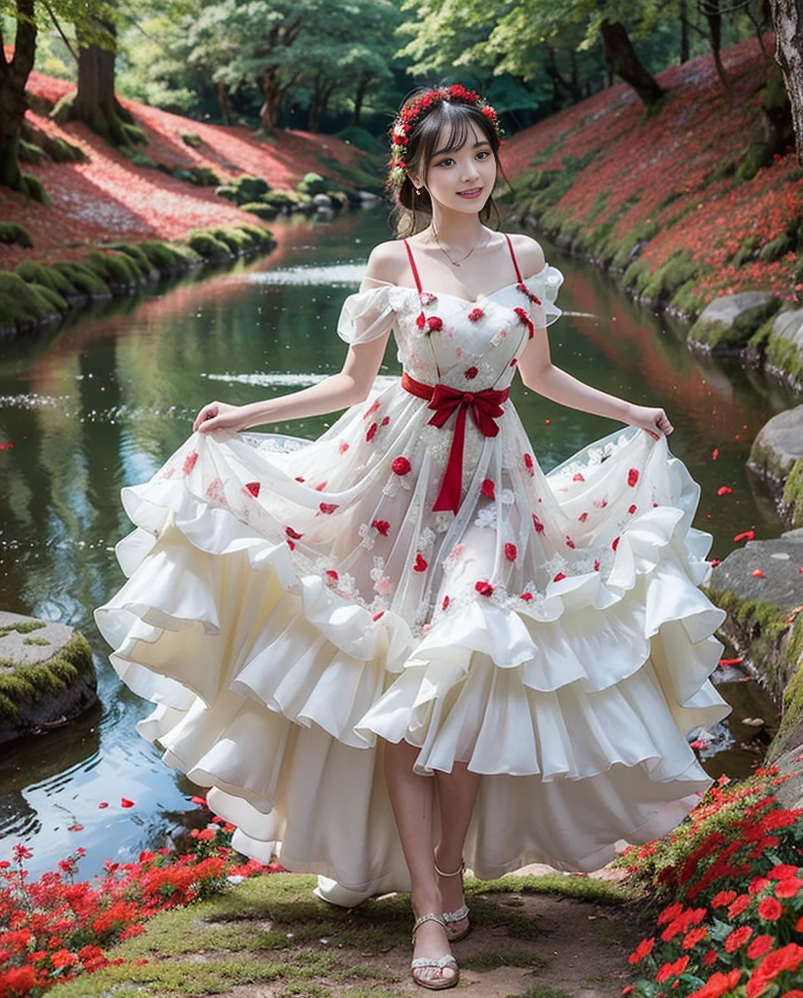 Rose flowers, light eye makeup, ((1)),(((Photorealistic)))))), (((AKB 48)), (Full body photo))), (Lens flare),(Backlight)), ((In the forest)), ((Dark mountain lake))),((Rock in the background))), Corolla,(Smiling)),((NIKON Z))),(19 years old),( Small bust)))), ((((bright red wedding dress))))), ((((Pore feeling)))), (skin feeling)))), (Photorealism: 6, realistic))), (sideways and turning around pose)),Perfect lower body shape, ribbon, hair ornament, pale skin, looking at the viewer, small waist