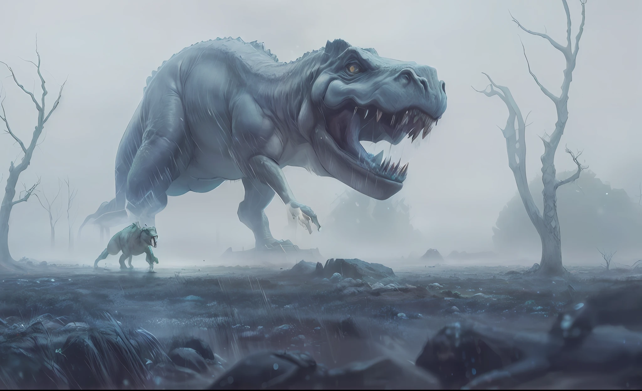 there is a large dinosaur that is walking in the rain, realistic photography paleoart, by Adam Marczyński, realistic paleoart, jurassic image, hyperrealistic vfx render, paleoart, hyper - realistic vfx render, cinematic matte illustration, by Adam Szentpétery, 3 d epic illustrations, tyrannosaurus rex, octane render. fog