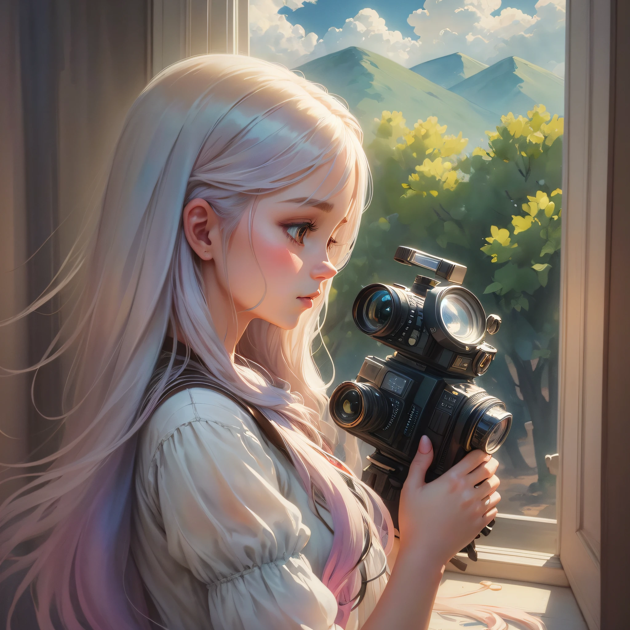 Beauty, long hair, watercolor painting, light and shadow contrast, rich detail, impressionism, side view, DSLR camera shooting style, country country, Cinema4D, clouds, cute, bright colors, 8K resolution, illustration design. --auto --v6 --s2