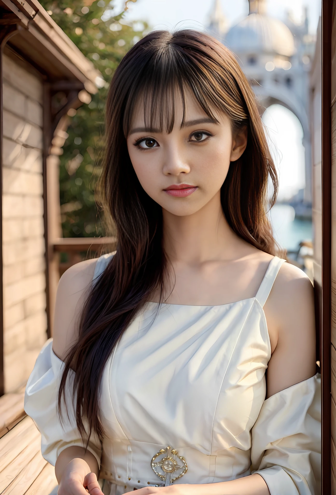 modelshoot style, (extremely detailed CG unity 8k wallpaper), full shot body photo of the most beautiful artwork in the world, stunningly beautiful photo realistic cute women, a hyper realistic ultra detailed photograph of a beautiful girl as a female 2020s dancer on the boat of 2020s Venice,(Bridge Of Sighs background),(princess eyes,shiny pupils), detailed symmetric beautiful hazel eyes, detailed gorgeous face,highly detailed, vibrant,professional majestic oil painting by Ed Blinkey, Atey Ghailan, Studio Ghibli, by Jeremy Mann, Greg Manchess, Antonio Moro, trending on ArtStation, trending on CGSociety, Intricate, High Detail, Sharp focus, dramatic, photorealistic painting art by midjourney and greg rutkowski