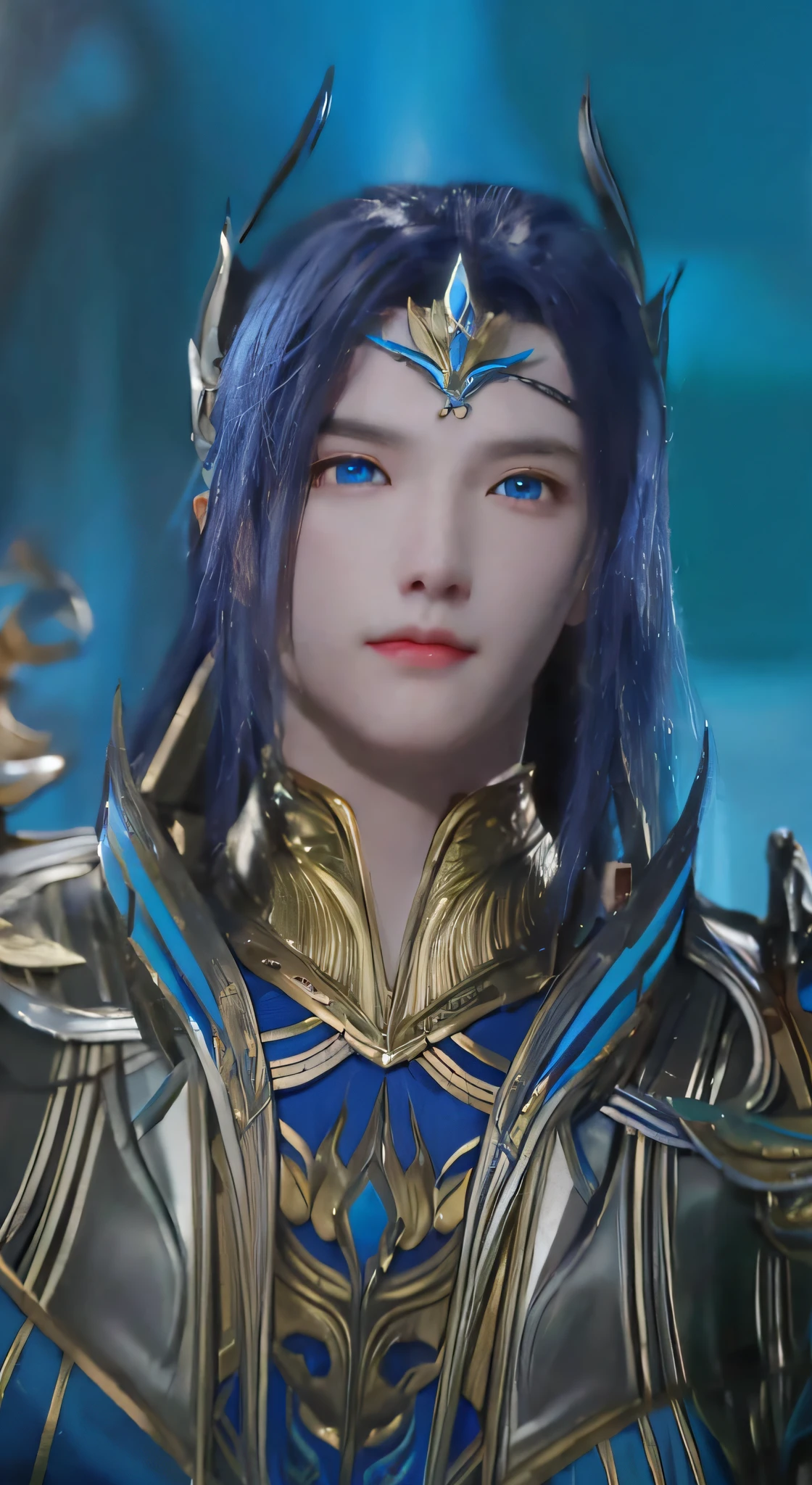 Blue-haired and blue-dressed character close-up, Unreal Engine renders Saint Seiya, Beautiful Androgynous Prince, Zhao Yun, Bloodline 2 Revolutionary Style, Exquisite Hermaphroditic Prince, Beautiful Male Elf, Fairy Hero, Elf Man, Armor Focus Face, Hirase Jinyao, Dragoon Portrait, ((Perfect Face)), ((Delicate Facial Features)), ((Close-up of Face, Meticulously Depicted))