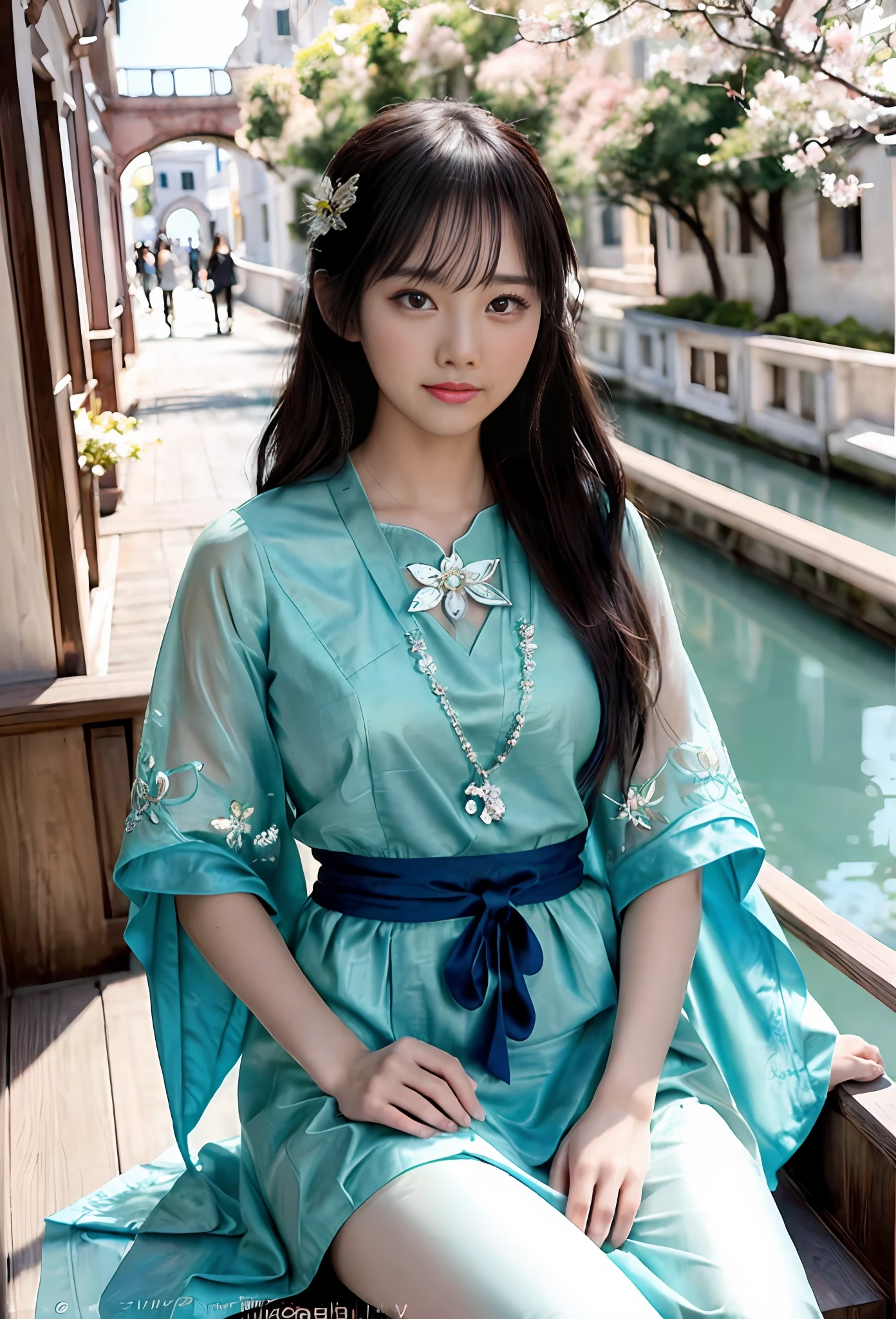 modelshoot style, (extremely detailed CG unity 8k wallpaper), full shot body photo of the most beautiful artwork in the world, stunningly beautiful photo realistic cute women, a hyper realistic ultra detailed photograph of a beautiful girl as a female 2020s dancer on the boat of 2020s Venice,(Bridge Of Sighs background),(princess eyes,shiny pupils), detailed symmetric beautiful hazel eyes, detailed gorgeous face,highly detailed, vibrant,professional majestic oil painting by Ed Blinkey, Atey Ghailan, Studio Ghibli, by Jeremy Mann, Greg Manchess, Antonio Moro, trending on ArtStation, trending on CGSociety, Intricate, High Detail, Sharp focus, dramatic, photorealistic painting art by midjourney and greg rutkowski