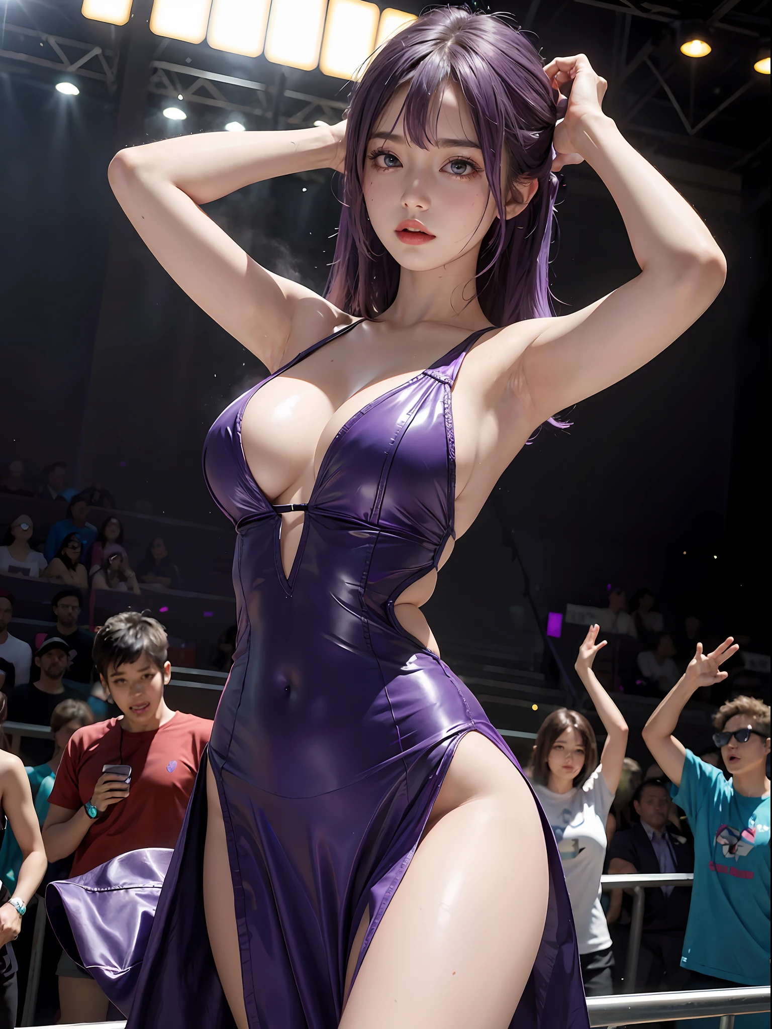 1 gir, purple hair, blurred background, looking at the audience, big breasts, multicolored hair, outdoors, lips,  purple eye, standing, city, see-through_dress , sweat, steaming body,  depth of field, hands behind back, arms up, joints, arms sides, bangs, medium hair, thigh gaps, skin tightness, building, hands in their own hair,no panties,