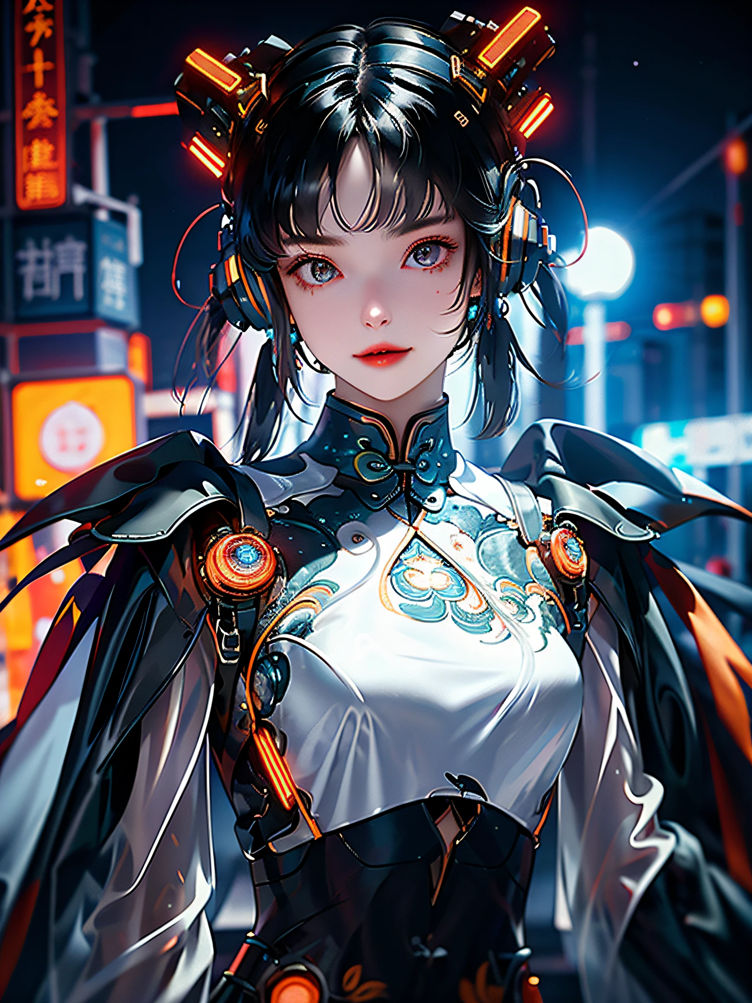 1 Girl, Chinese_clothes, metallic black titanium and orange, cyberhan, cheongsam, cyberpunk city, dynamic pose, detail luminous headphones, glowing hair accessories, long hair, glowing earrings, glowing necklace, cyberpunk, high-tech city, full of mechanical and futuristic elements, futuristic, technology, glowing neon, orange, orange light, sexy skirt, translucent black cape, laser light, digital background city sky, big moon, with vehicle, best quality, masterpiece, 8K, character edge light, super high detail, high quality, the most beautiful woman in human beings, smiling slightly, face facing front and left and right symmetry, ear decoration, beautiful pupils, light effects, visual data, silver-white hair, ultra-detailed facial texture, happy and proud, weapon system, crowded street passers-by, mecha style