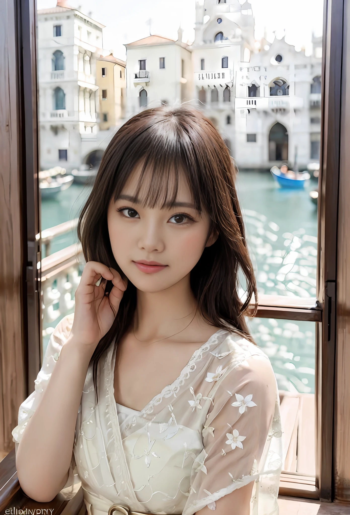 modelshoot style, (extremely detailed CG unity 8k wallpaper), full shot body photo of the most beautiful artwork in the world, stunningly beautiful photo realistic cute women, a hyper realistic ultra detailed photograph of a beautiful girl as a female 2020s dancer on the boat of 2020s Venice,(Bridge Of Sighs background),(princess eyes,shiny pupils), detailed symmetric beautiful hazel eyes, detailed gorgeous face,highly detailed, vibrant,professional majestic oil painting by Ed Blinkey, Atey Ghailan, Studio Ghibli, by Jeremy Mann, Greg Manchess, Antonio Moro, trending on ArtStation, trending on CGSociety, Intricate, High Detail, Sharp focus, dramatic, photorealistic painting art by midjourney and greg rutkowski