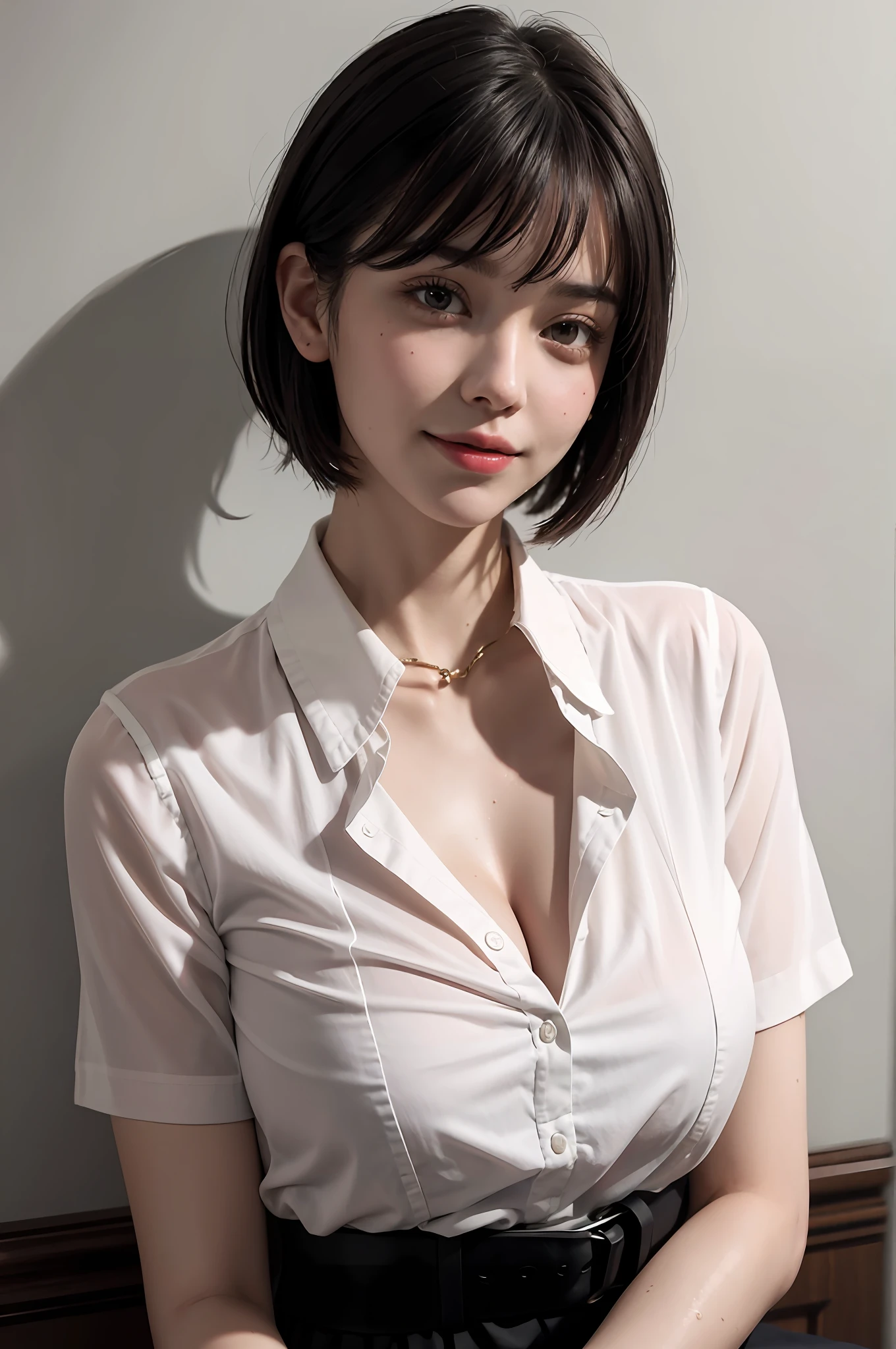 (8k, top quality, masterpiece: 1.2), (realistic, photorealistic: 1.37), super detailed, girl single, cute, solo, sitting, dating, (blush), (smile: 1.15), (closed mouth), big breasts, gaze staring at camera, breast staring at camera, fine beautiful eyes, large round eyes, clear double eyelids, eyelashes, (shirt with collar: 1.1), wet, office clothesNovaFrogStyle, white lace, (short hair: 1.2), floating hairNovaFrogStyle, topless, bangs, long neck, happy smile, mouth closed, pretty face, realistic skin tone, realistic texture, unbutton, light pink lip, really nothing background, really pure white background, 18 years old, high school student, no shadows on face