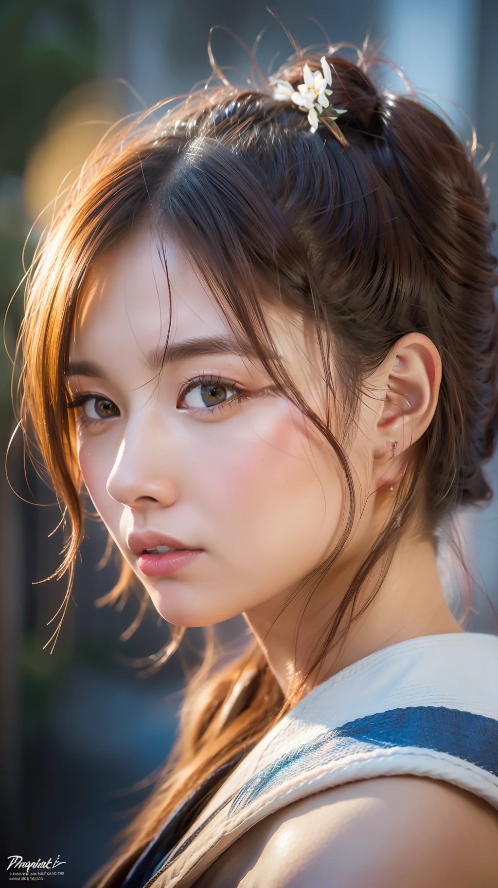 medium full shot Japanese shrine maiden in orange and blue,realistic,RAW photo,8K UHD,master piece,best quality,photorealistic,perfect facial features,detailed skin,cinematic, detailed symmetric beautiful hazel eyes, detailed gorgeous face, dynamic pose, in the style of artists like Russ Mills, Darek Zabrocki, Ivan laliashvili, Jean-Baptiste Monge. perfect shading, with dramatic lighting. The artwork should be centered, stylized, and elaborate. TanvirTamim. rendered in 8K resolution for high-quality detail, artstation, concept art, smooth, sharp focus, highly detailed, soft natural volumetric cinematic perfect light, intricate artwork masterpiece