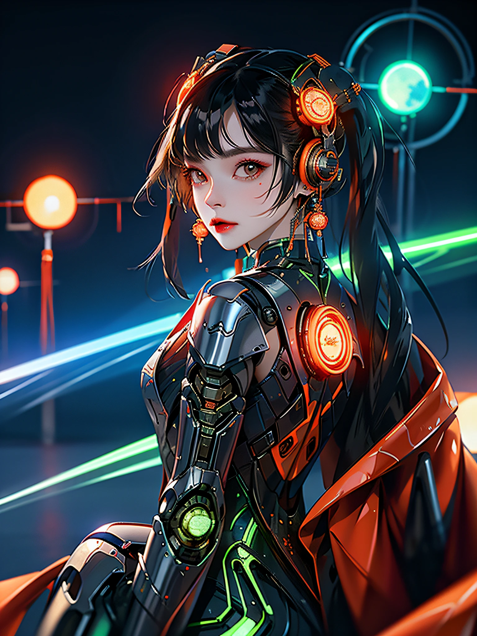 1 girl, Chinese_clothes, metallic black titanium and orange, cyberhan, cheongsam, cyberpunk city, dynamic pose, detailed luminous headphones, glowing hair accessories, long hair, luminous earrings, glowing necklace, cyberpunk, high-tech city, full of mechanical and futuristic elements, futurism, technology, glowing neon, orange, orange light, fluorescent orange, skirt, cape, coat, laser, digital background, urban sky, big moon, with vehicle, best quality, masterpiece, 8K, Character edge light, super high detail, high quality, the most beautiful woman in human beings, slight smile, face facing front left and right symmetry, ear decoration, beautiful pupils, light effects, visual data, pick and dye orange, dye hair, super detail facial texture, happy and proud, weapon system, mecha style, crowded streets,