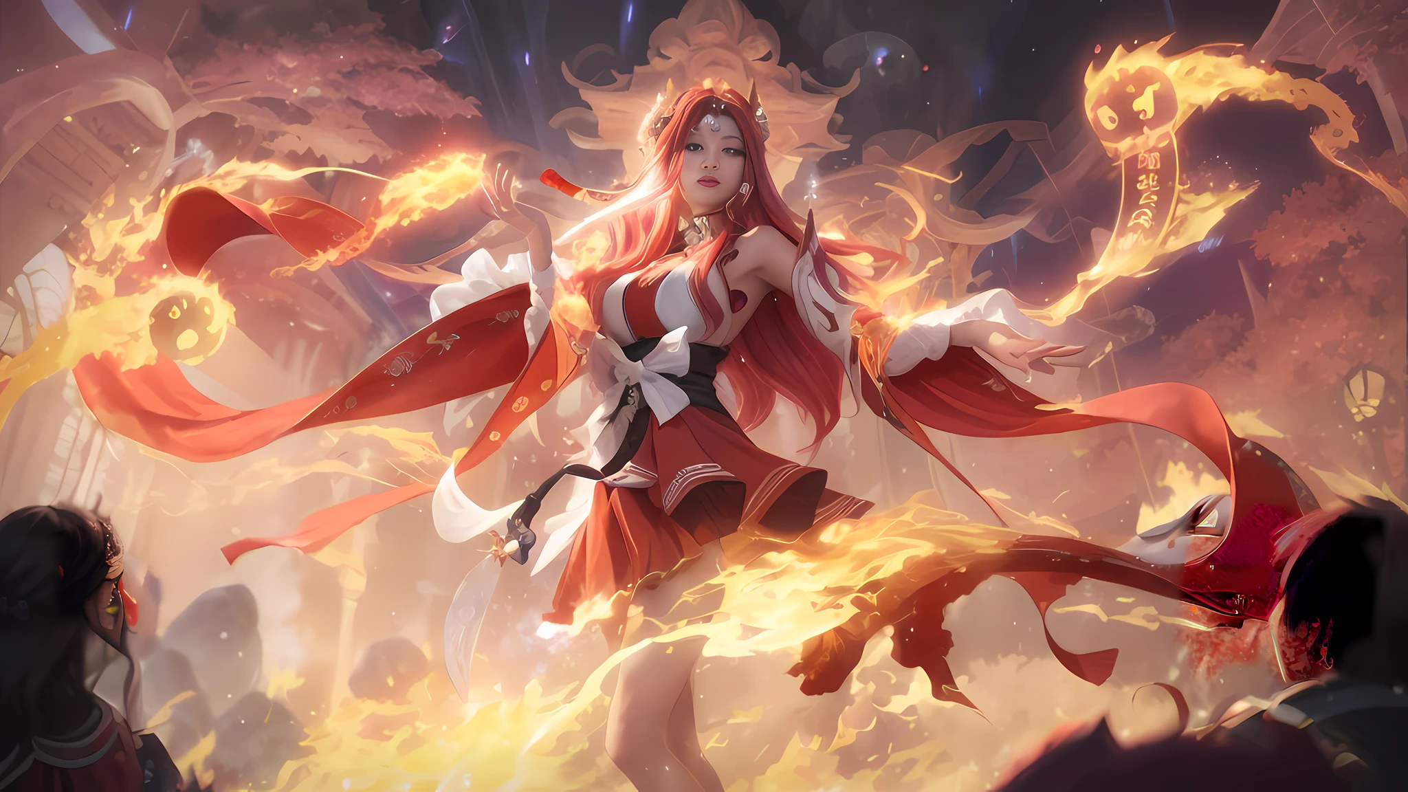 Anime - A style image of a woman holding a fire, appearing as the goddess of fire, the goddess of fire, the goddess of fire, the goddess of fire, the goddess of fire, inspired by Julian, Kusart Krenz key art feminization, Hirase Jinyao, Holy Fire Spell Art, Miss Lucky Legend League, Katerina, Onmyoji detailed art