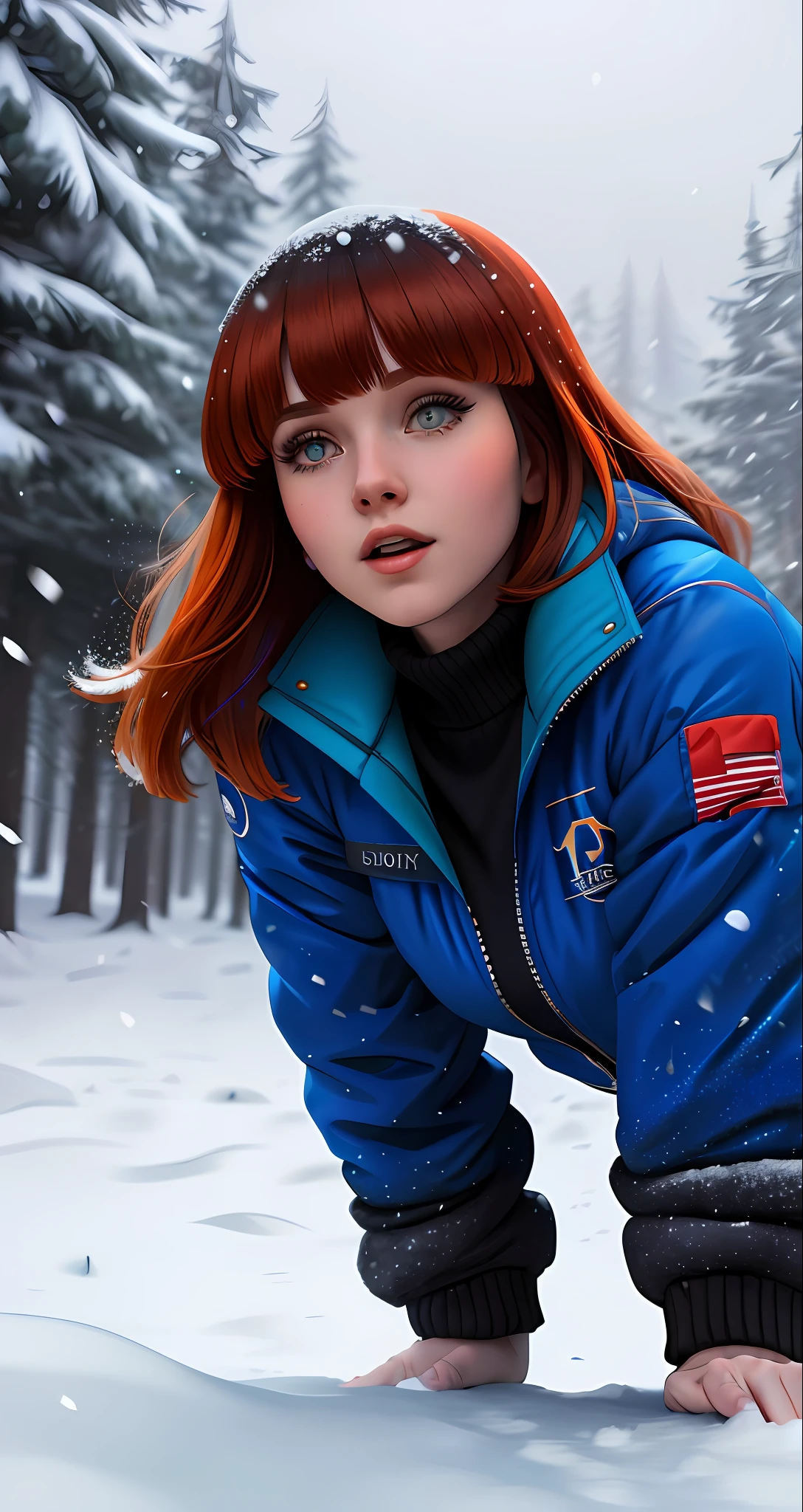 Beautiful brunette woman wearing blue jaket, red head, with bangs,falling snow, Katyasitak, closeup,
masterpiece, higeres, 4k, hdr, trend in ArtStation,