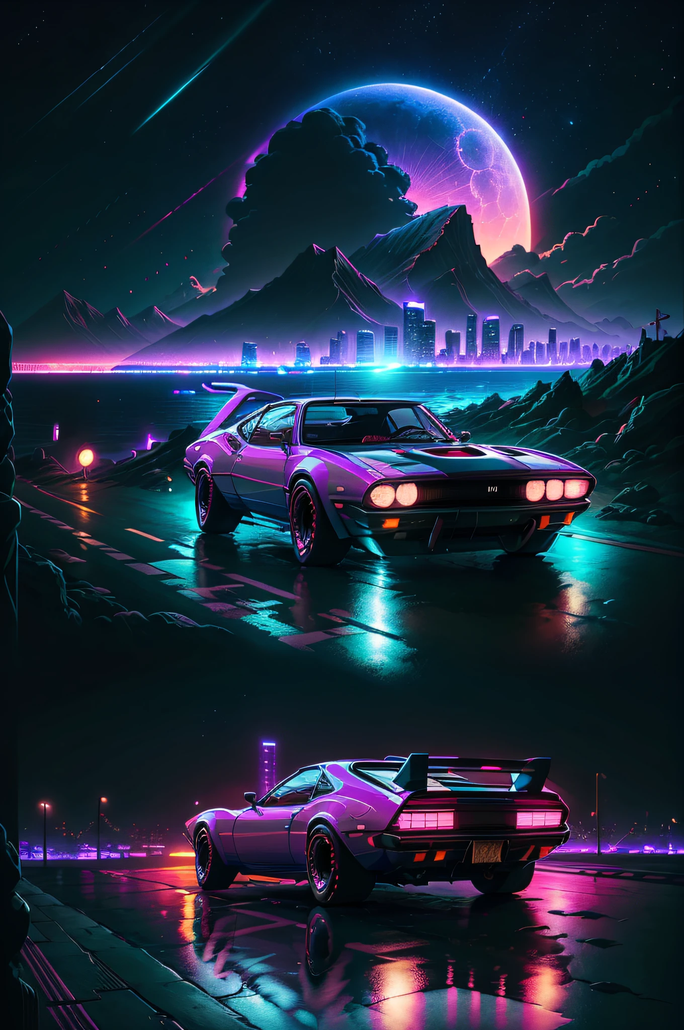 retrowave. city, 1969 Nissan S30, wide body kit, road,  purple neon lights, sun, mountain, 
(masterpiece,detailed,highres),