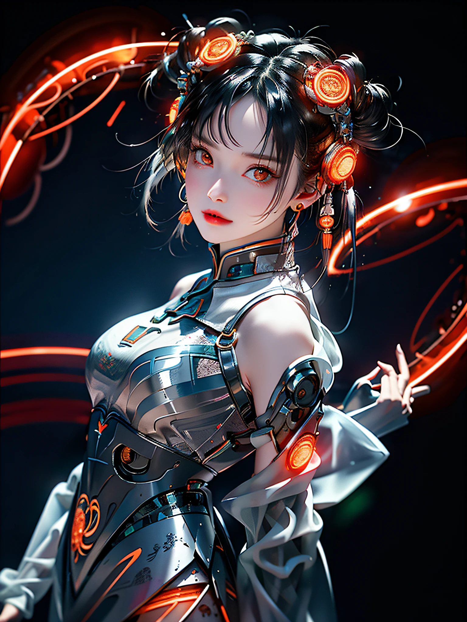 1 girl, Chinese_clothes, liquid silver and orange, cyberhan, cheongsam, cyberpunk city, dynamic pose, detailed luminous headphones, glowing hair accessories, long hair, glowing earrings, glowing necklace, cyberpunk, high-tech city, full of mechanical and futuristic elements, futurism, technology, glowing neon, orange, orange light, sexy skirt, transparent streamers, laser, digital background urban sky, big moon, with vehicles, best quality, masterpiece, 8K, character edge light, Super high detail, high quality, the most beautiful woman in human beings, smiling, face facing the front left and right symmetry, ear decoration, beautiful pupils, light effects, visual data, silver-white hair, super detail facial texture, happy and proud, weapon system, crowded streets