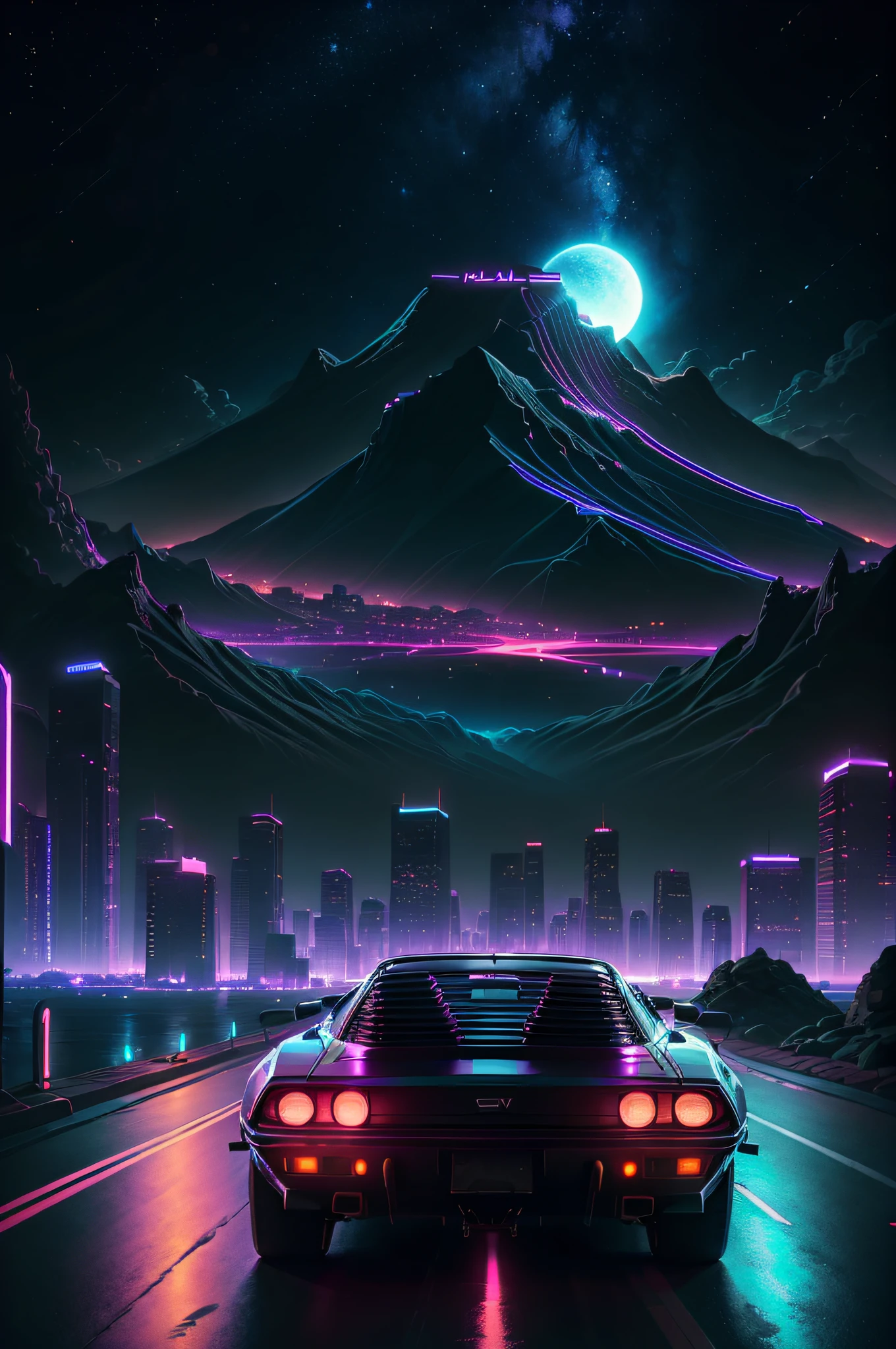 retrowave. city, 1969 Nissan S30, wide body kit, road,  purple neon lights, sun, mountain, 
(masterpiece,detailed,highres),