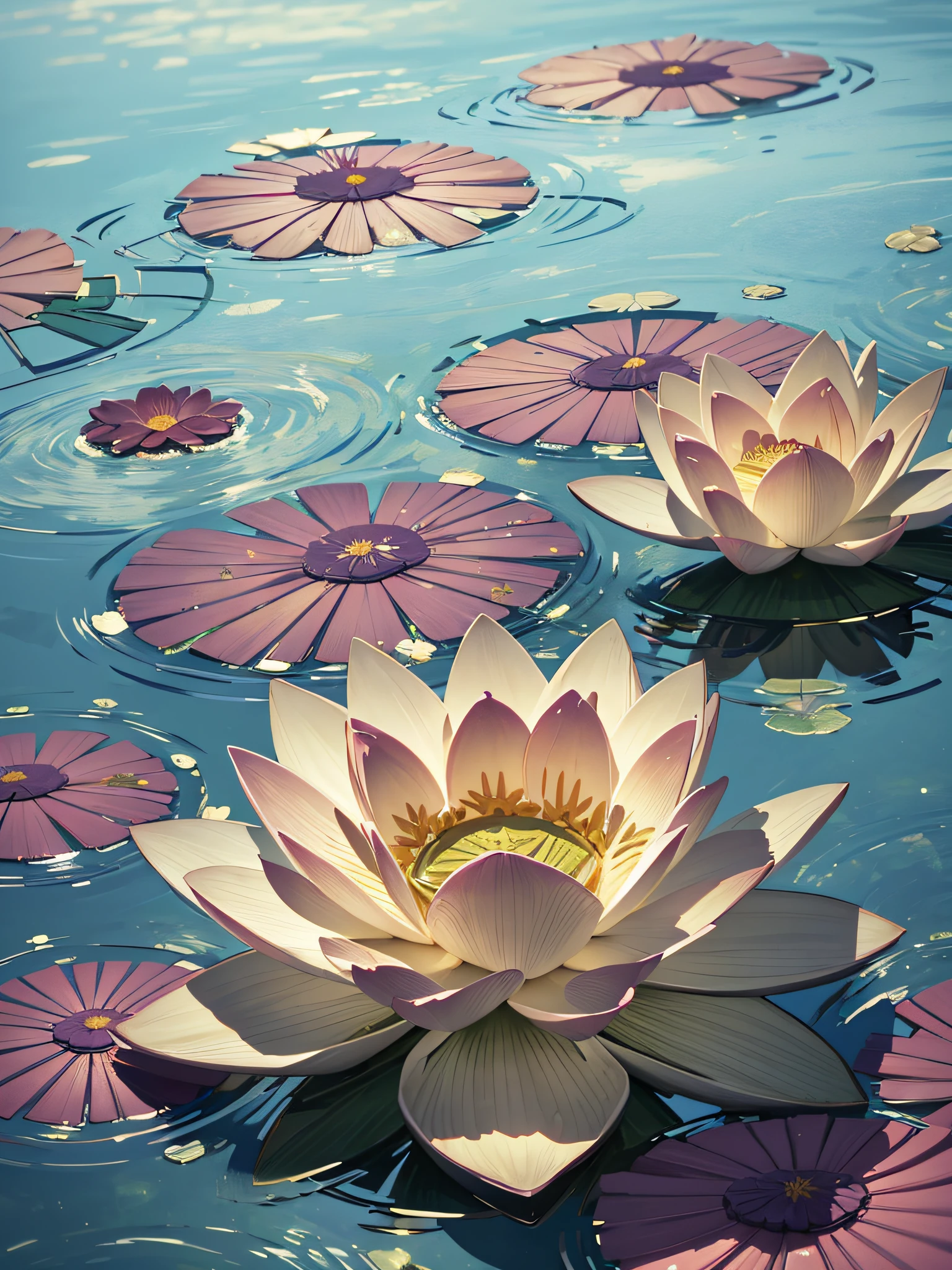 top view lotus flowers on the water surface, highly detailed render, concept art, depth of field, bokeh, octane render, sunny mystical atmosphere Elemental flowers, 32k, cinema