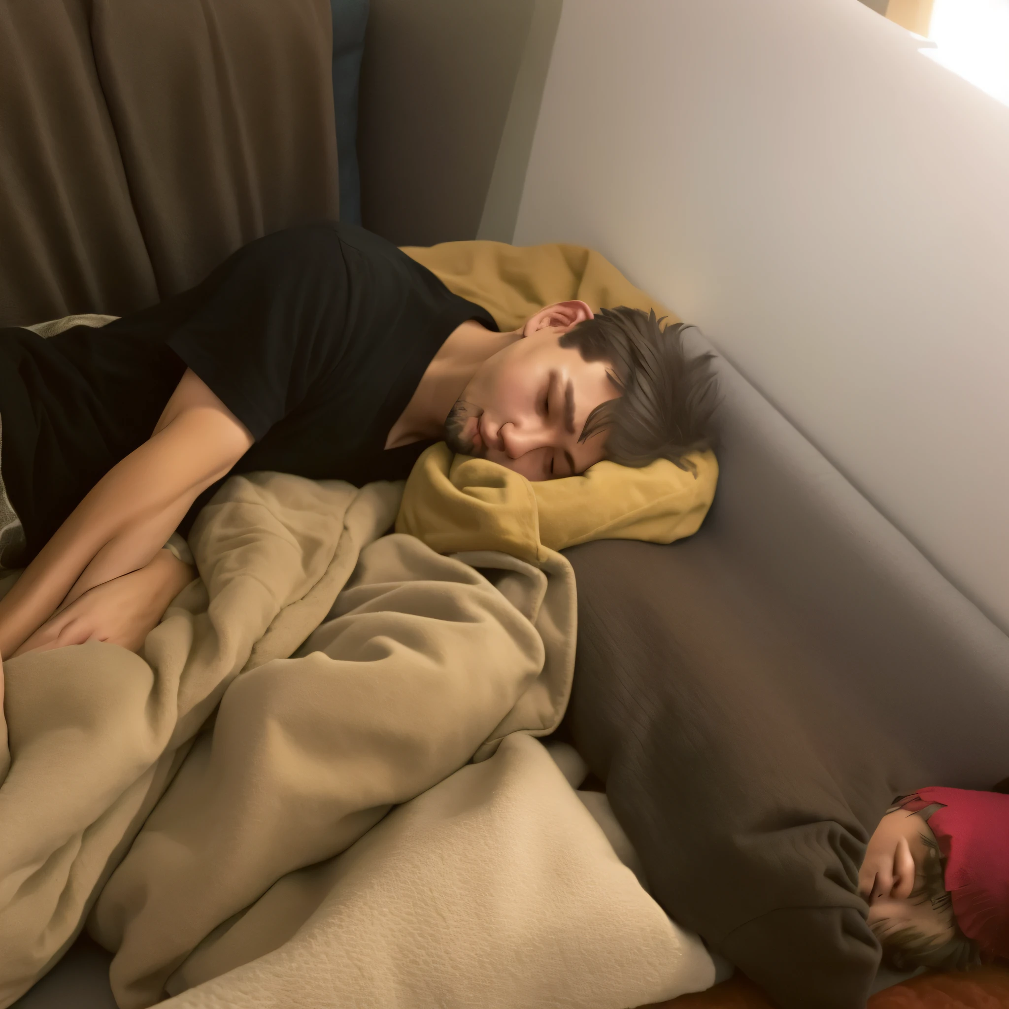There was a man sleeping on a couch with a blanket, lying on the bed, very relaxed, sleeping, excellent lighting