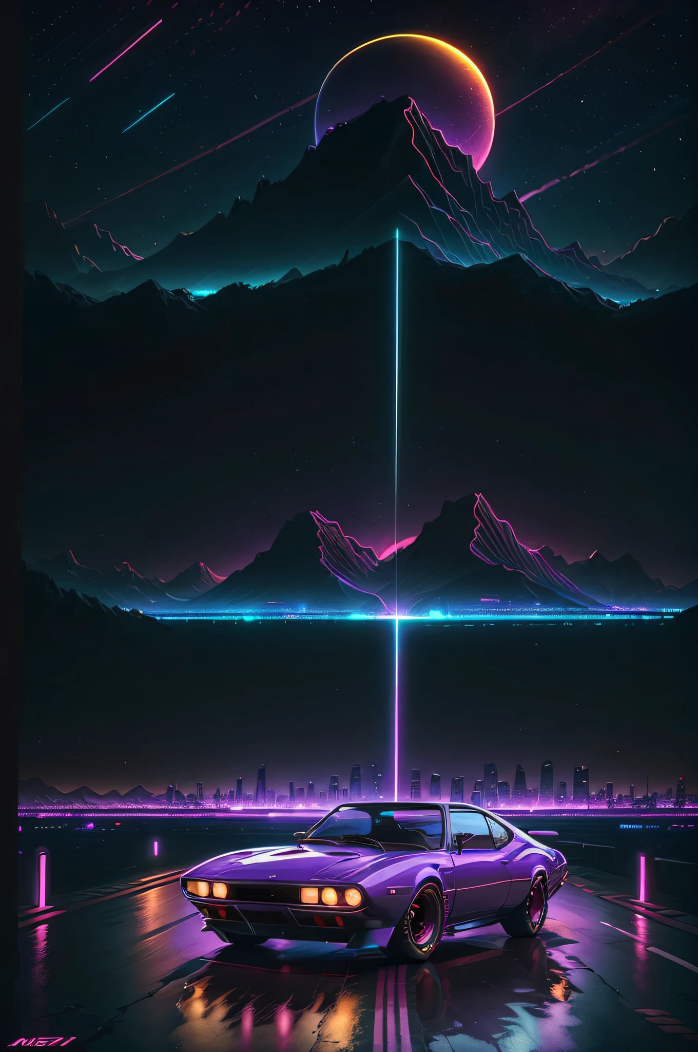 retrowave. city, 1969 Nissan S30, wide body kit, road,  purple neon lights, sun, mountain, 
(masterpiece,detailed,highres),