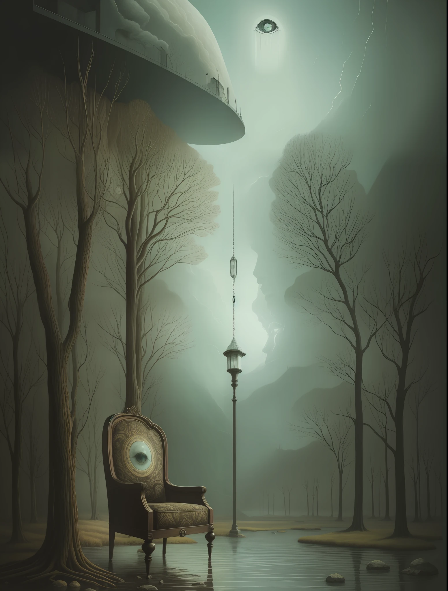 jonathan campbell house and eye, in the style of surreal illustrations, emotional landscapes, highly detailed realism, trompe-l'œil illusionistic detail, poetically haunting, gloomy, illusionistic images --auto --s2
