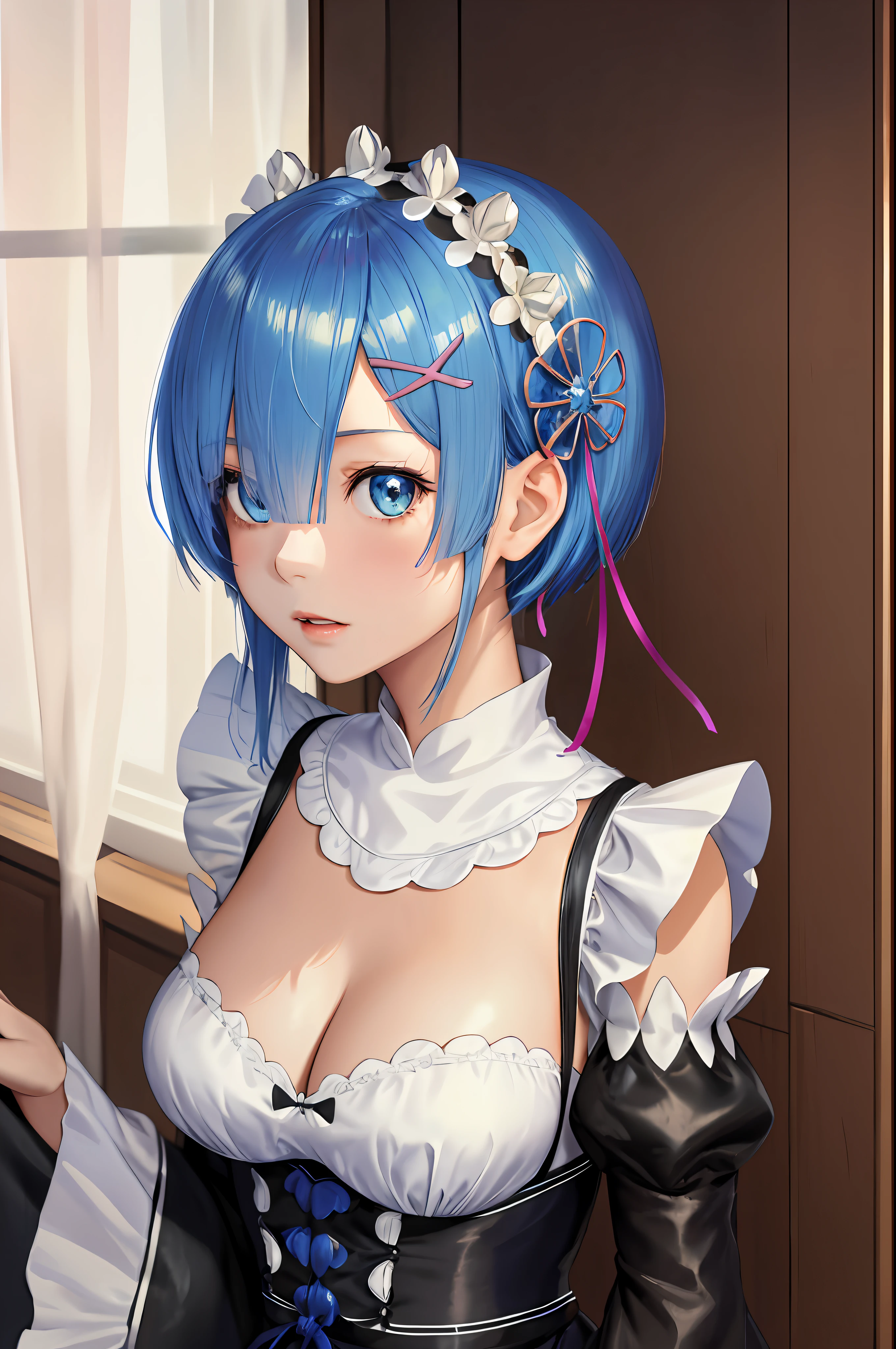 highres, sharp focus, pixiv masterpiece, ((intricate details)), highly detailed, upper body, 1girl, rem_re_zero, blue hair, short hair, maid uniform, hair ornament,  cleavage, maid headdress, detached sleeves, ribbon,,