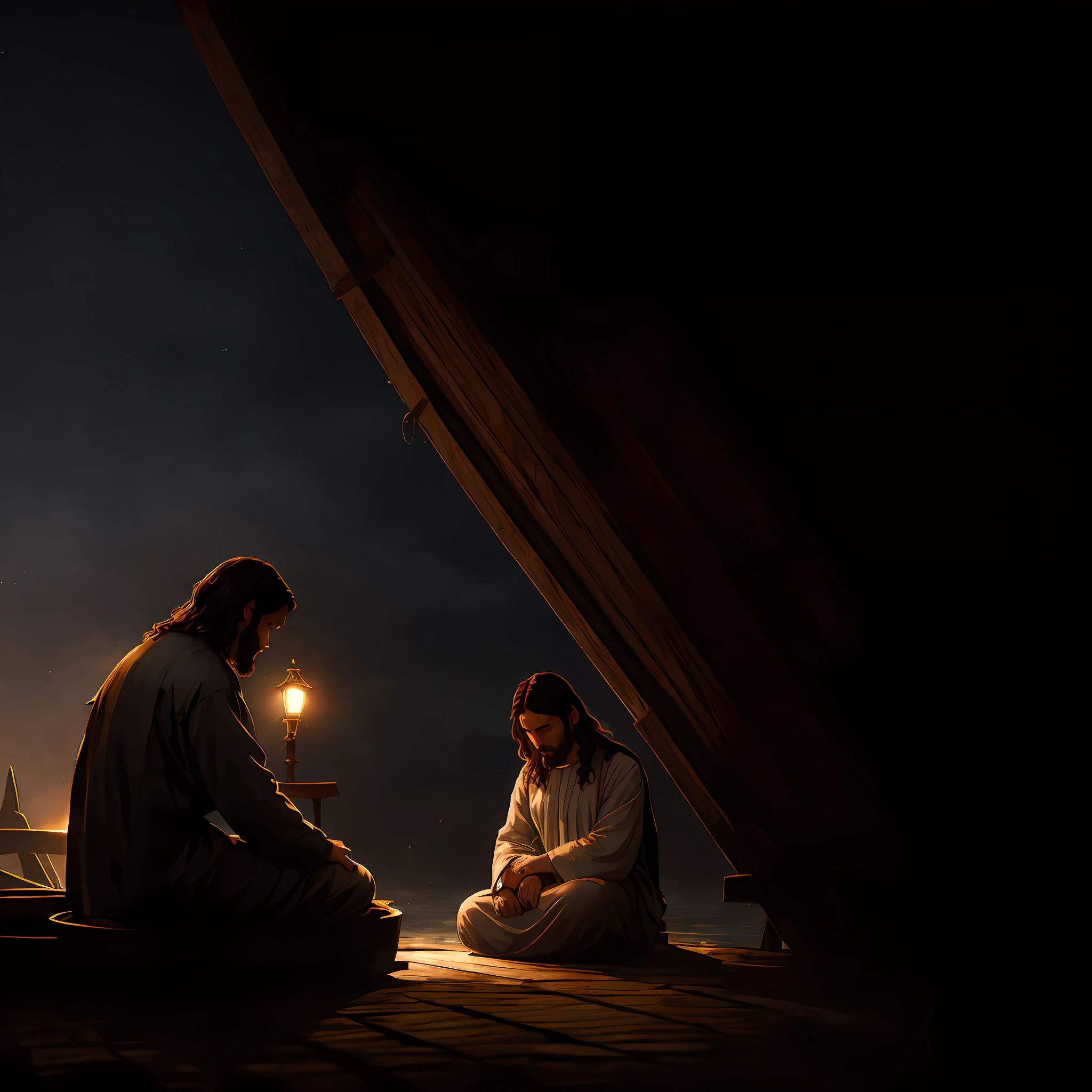 JESUS CHRIST Kneeling Praying Beside an Old Boat Dark Photo: Epic Realistic, Soft Cinematic Portrait, Adobe Lightroom, Photo Lab, Highly Detailed, Faded, Art by Greg Rutkowski and Artgerm ,Neutral Colors: 1.2), (HDR: 1.4), (soft colors:1.2), hyperdetailed, (artstation:1.4), cinematic, warm lights, dramatic light, (intricate detail:1.1), complex background, (rutkowski:0.66), (blue and orange:0.4) )