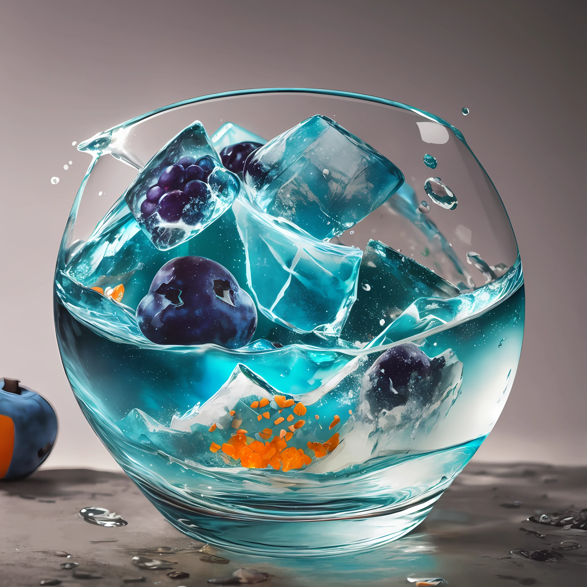 Watercolor drawing, "Majestic mountains," "Hyper-realistic textures," Banksy, Liu Bolin, Ansel Adams, Yoshitaka Amano realistic fantasy, Extensive landscape ultra photography (general view showing a glass glass, ice inside, blueberries, orange, drops, soap bubbles outside), blurred background, cool, a shade of turquoise, a little purple, airy color, magic, "Hyper-realistic textures," "Precise details," "Realistic still life," "Realistic portraits,” “Realistic landscapes.”
--ar 3:2