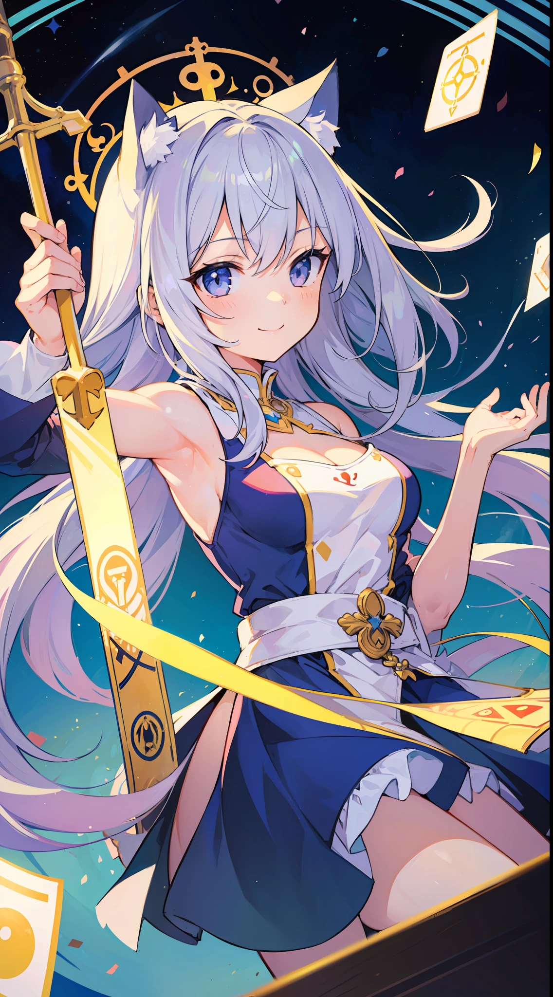 (Masterpiece), (Best Definition Animated Illustration), (Super Definition), One Girl, Solo, Beautiful Girl with Silver Hair, Anime Loli, Cat Ear Loli, Priest Costume, Pope, Sleeveless, Smile, Cleavage Emphasis, Side Boob, Thighs, Tarot Card Wind