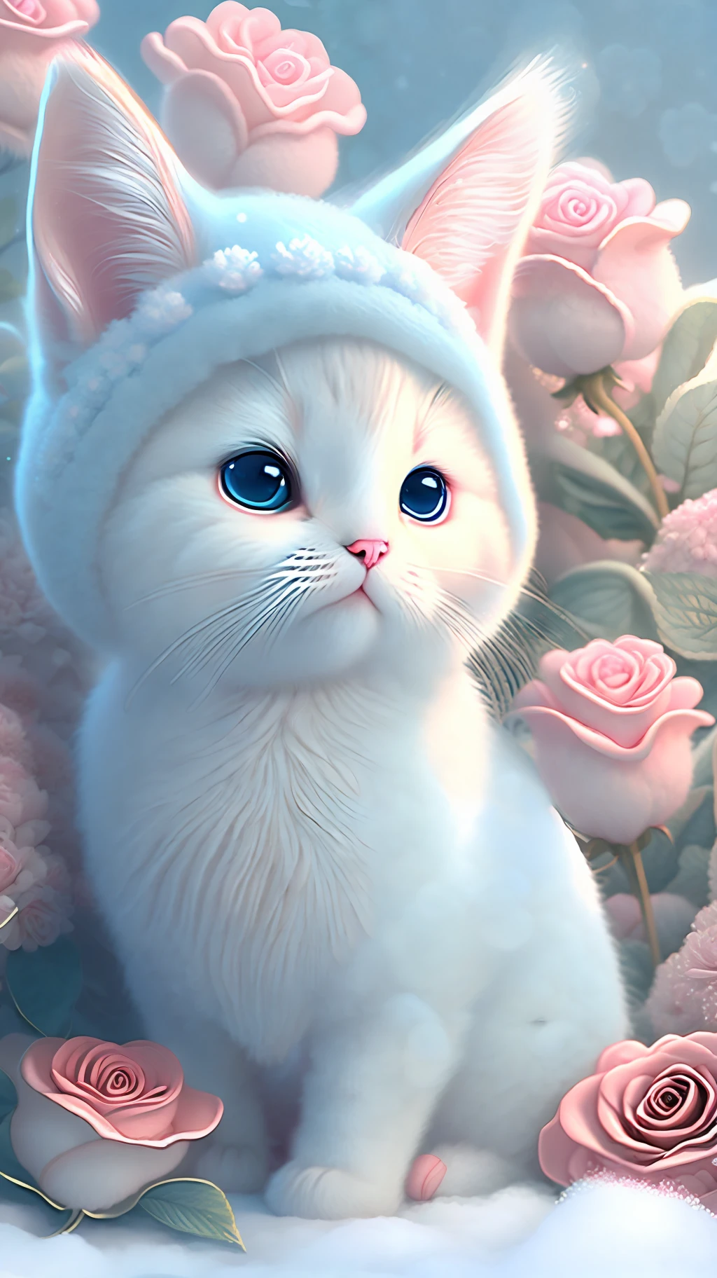 In this ultra-detailed CG art, cute kittens surrounded by ethereal roses, laughter, best quality, high resolution, intricate details, fantasy, cute animals, open mouths, laugh!!