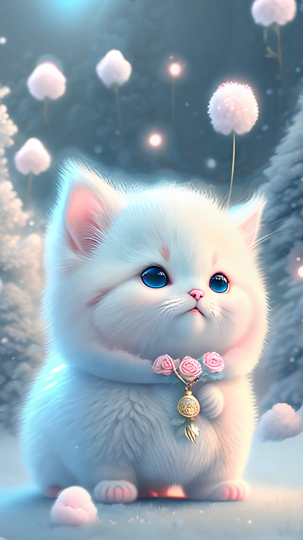 In this ultra-detailed CG art, cute kittens surrounded by ethereal roses, laughter, best quality, high resolution, intricate details, fantasy, cute animals, open mouths, laugh!!