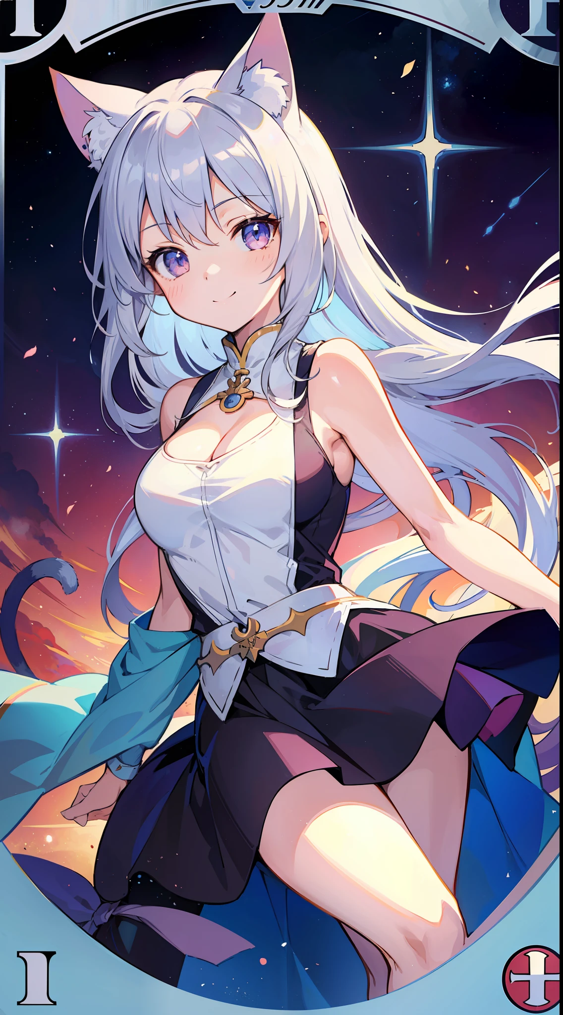 (Masterpiece), (Best Definition Animated Illustration), (Super Definition), One Girl, Solo, Beautiful Girl with Silver Hair, Anime Loli, Cat Ear Loli, Priest Costume, Pope, Sleeveless, Smile, Cleavage Emphasis, Side Boob, Thighs, Tarot Card Wind