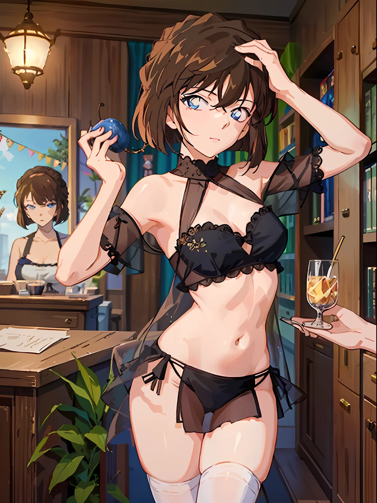 Haibara Ai, Blue Eyes, Brown Hair, 1girl, Sexy Midriff, Slim Waist, Short Ruffled Skirt, Thighs, Arabian Women, Dancer, Avaya, Belly, (Black Veil: 1.5), Smile, Tucked Flared Lace see-through Blouse, Small, Constriction, Adult Woman, 25 Years Old, Shy Face, Flustered, Sweetdrop, cherry