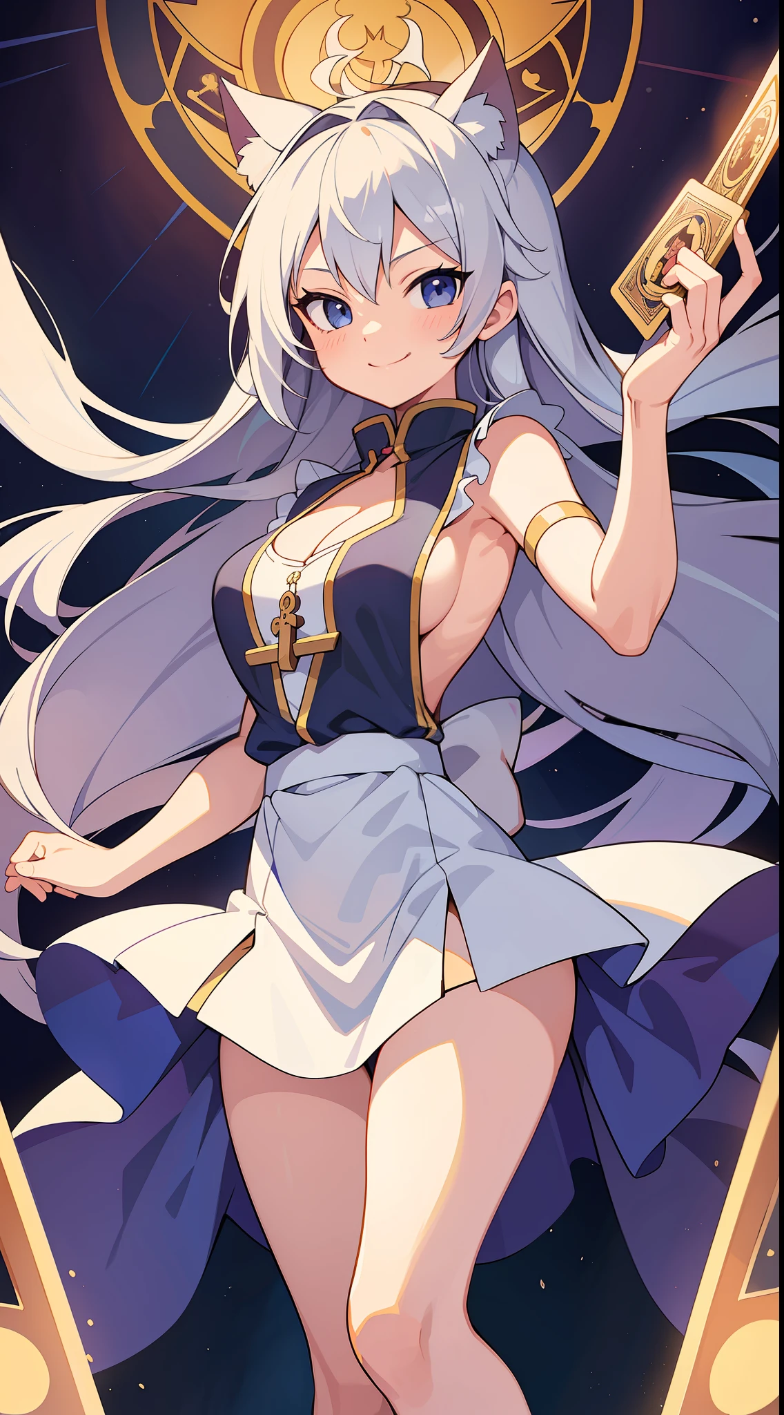 (Masterpiece), (Best Definition Animated Illustration), (Super Definition), One Girl, Solo, Beautiful Girl with Silver Hair, Anime , Cat Ear Loliiest Costume, Pope, Sleeveless, Smile, Cleavage Emphasis, Side Boob, Thighs, Tarot Card Wind