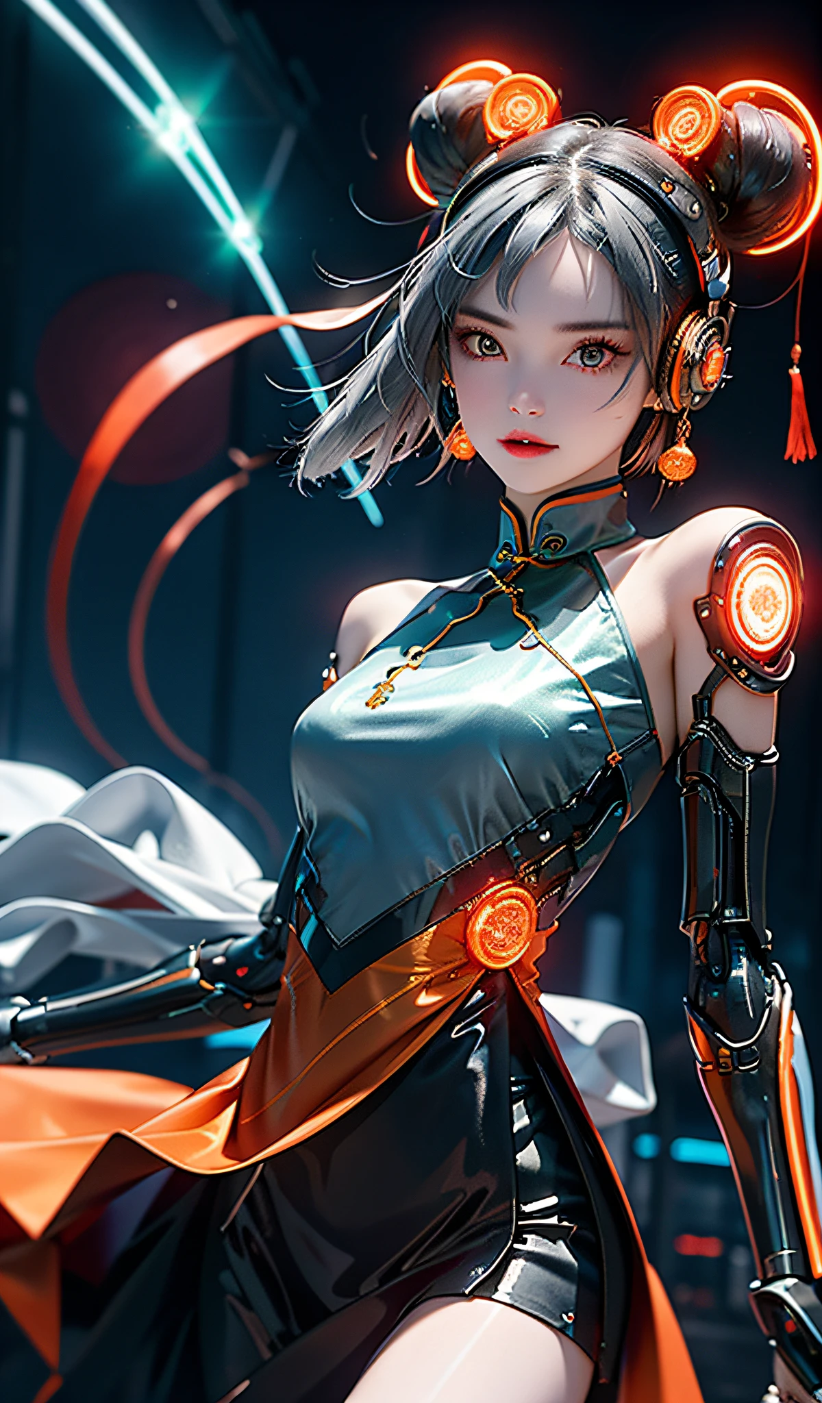1 girl, Chinese_clothes, liquid silver and orange, cyberhan, cheongsam, cyberpunk city, dynamic pose, detailed luminous headphones, glowing hair accessories, long hair, glowing earrings, glowing necklace, cyberpunk, high-tech city, full of mechanical and futuristic elements, futurism, technology, glowing neon, orange, orange light, sexy skirt, transparent streamers, laser, digital background urban sky, big moon, with vehicles, best quality, masterpiece, 8K, character edge light, Super high detail, high quality, the most beautiful woman in human beings, smiling, face facing the front left and right symmetry, ear decoration, beautiful pupils, light effects, visual data, silver-white hair, super detail facial texture, happy and proud, weapon system, crowded streets