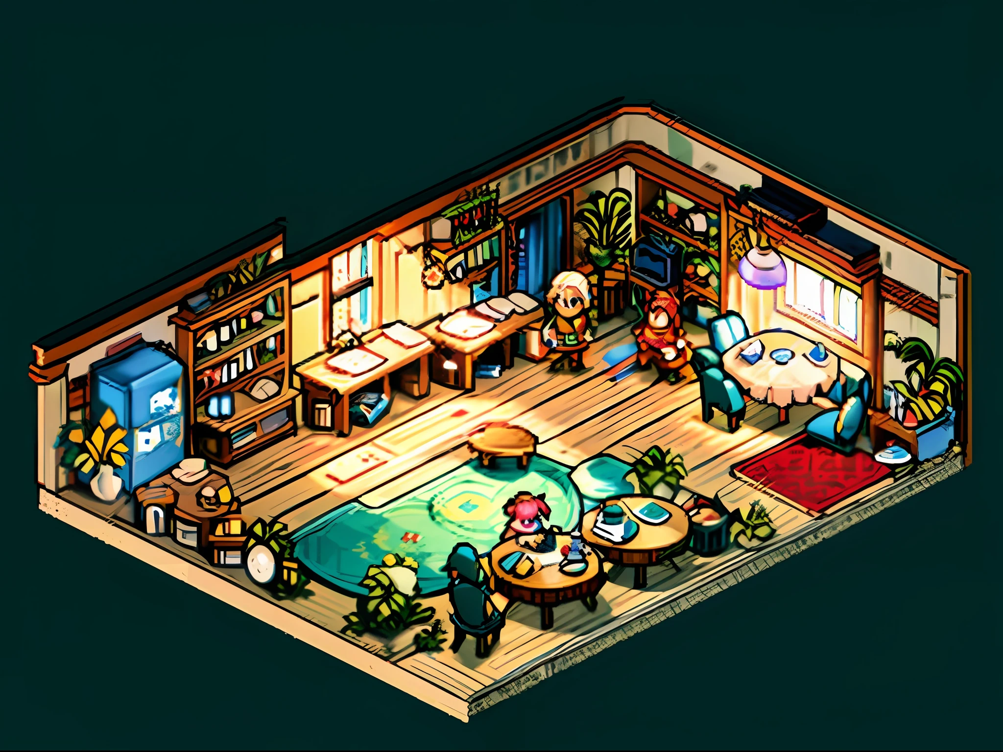 (((pixel art))), pixel style, An otherworldly party,5 people of of 5 different race sit around a round table, they are happy and smile, the table is filled with food likes grilled chicken, salad ,beef ,steak, beer BREAK 5 people are a beautiful blonde elf woman, a short muscle dwarf, a cowboy, a black hair cat girl, and a skeleton BREAK fantasy, otherworldly fantasy, deep fantasy, happy atmosphere, BREAK,Detailed,Realistic,4k highly detailed digital art,octane render, bioluminescent, BREAK 8K resolution concept art, realism,by Mappa studios,masterpiece,best quality,official art,illustration,ligne claire,(cool_color),perfect composition,absurdres, fantasy,focused,rule of thirds